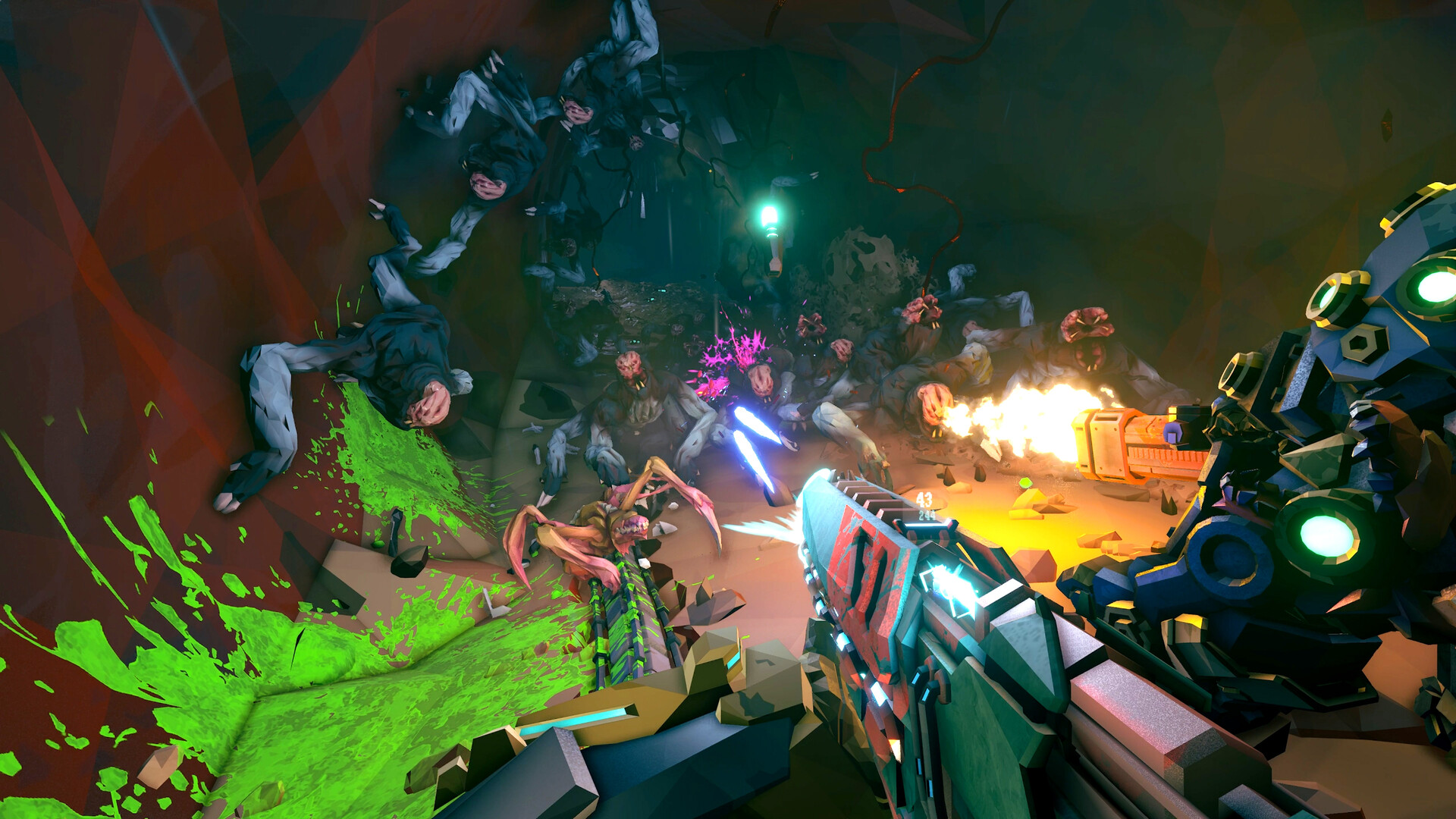 Official Deep Rock Galactic: Rogue Core Steam screenshot showing Reclaimers fighting alien enemies in a dark industrial cave.