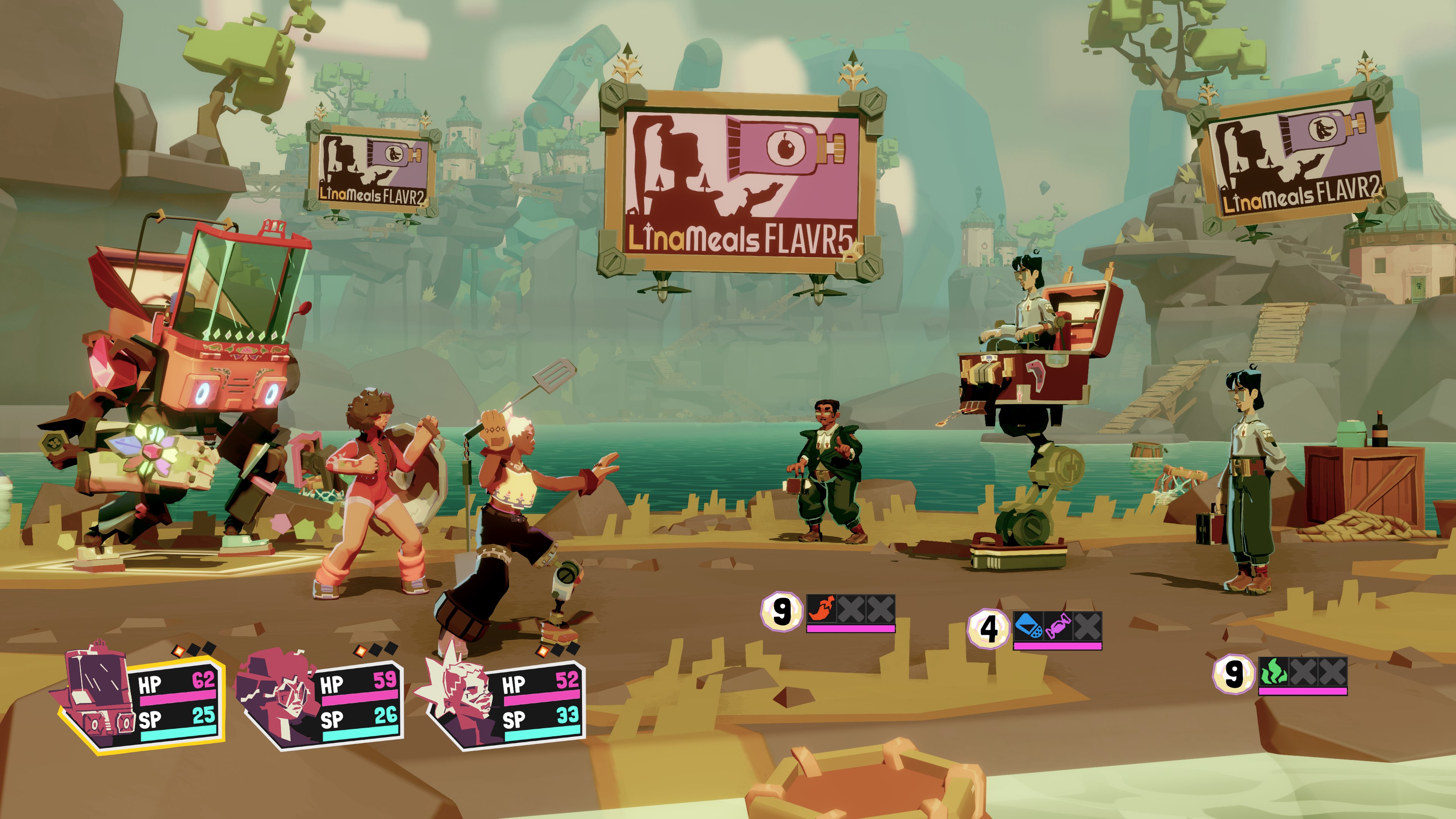 Oficjalny screen z Dosa Divas pokazujący drużynę podczas kolorowej, turowej walki.