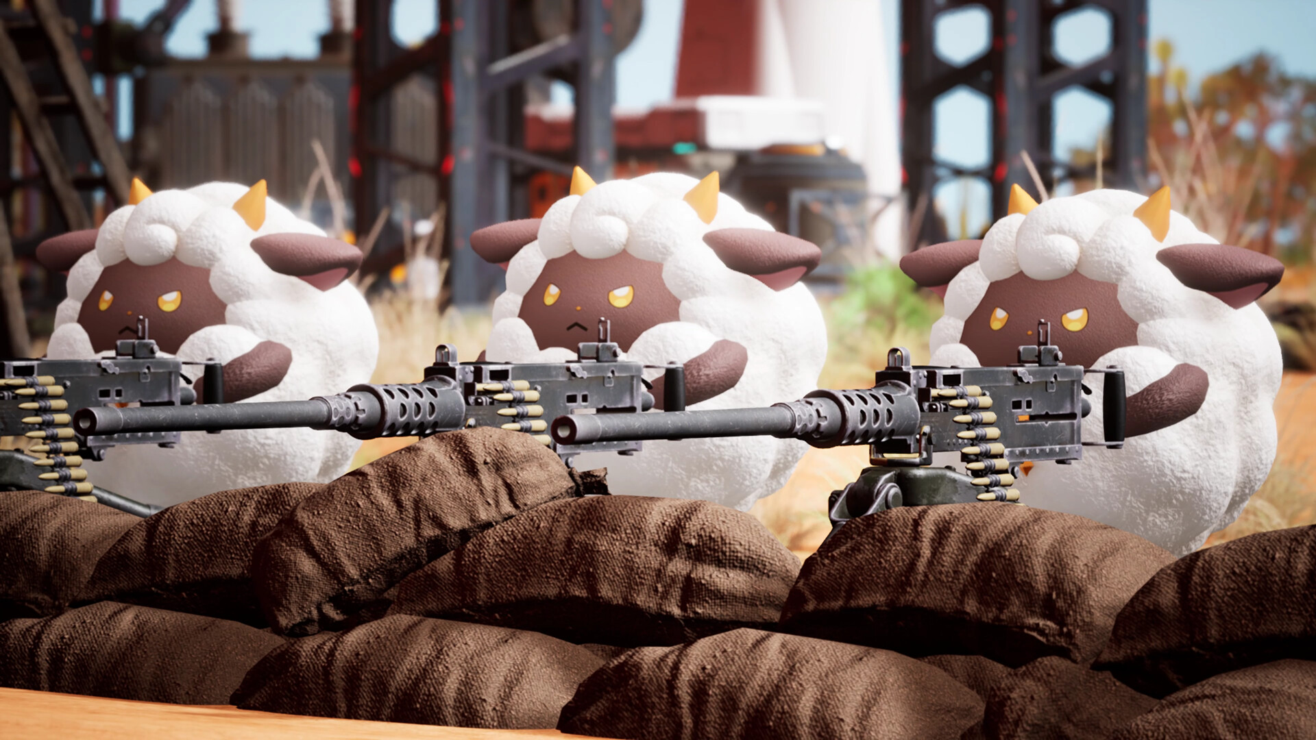 Official Palworld screenshot showing three woolly Pals operating mounted machine guns behind sandbags.