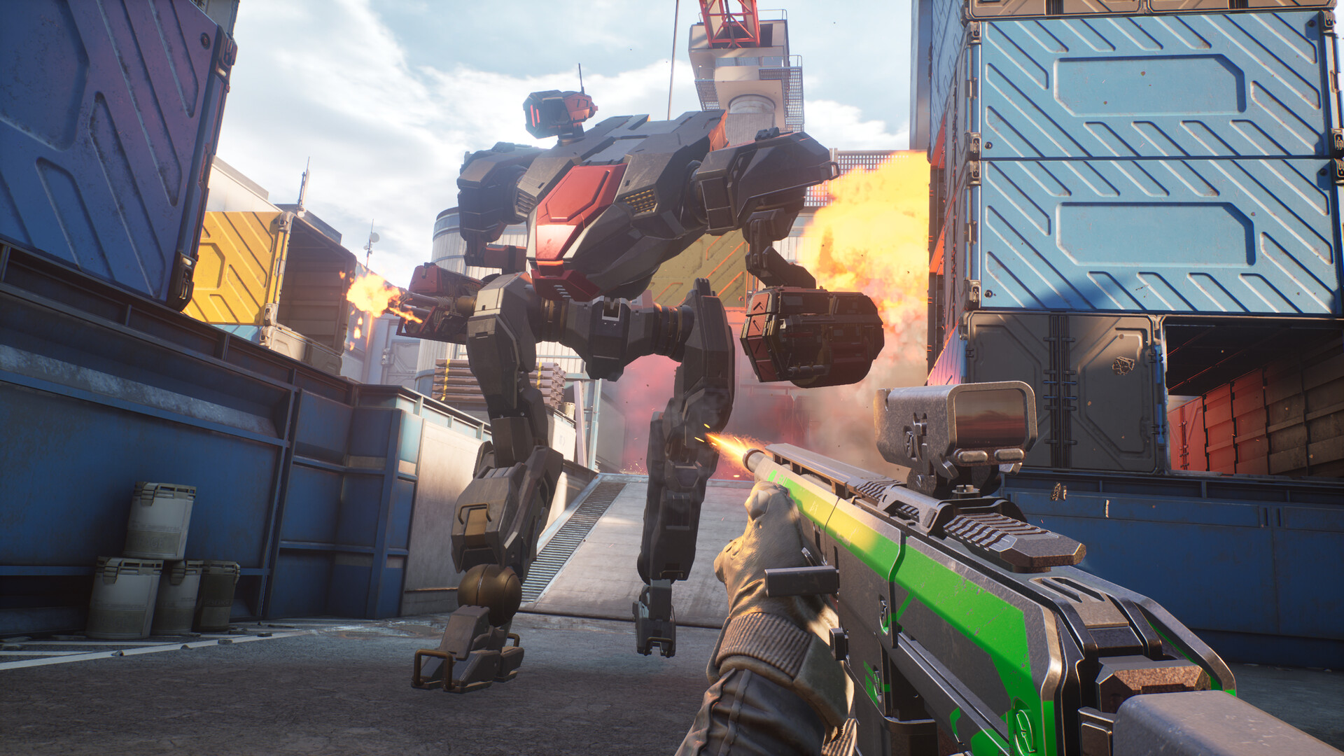 Official EMPULSE gameplay screenshot from Steam showing combat, traversal, and the game's neon sci-fi look.