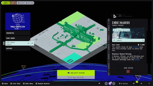 Official Marathon screenshot from Bungie's press materials showing the game's ranked zone-select interface in green and black.