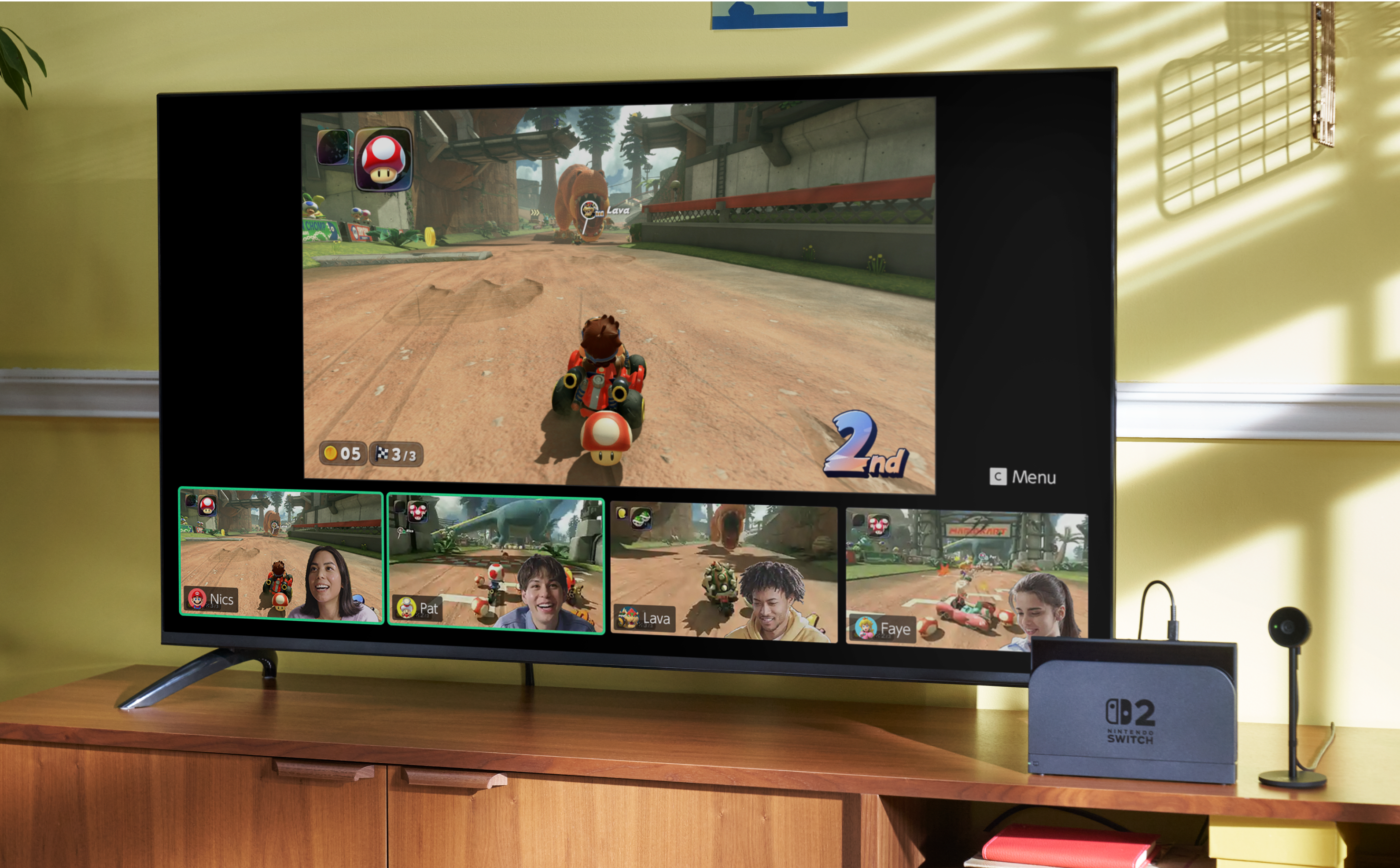 Official Nintendo Switch 2 image from Nintendo showing the GameChat presentation and the system’s social-play push.