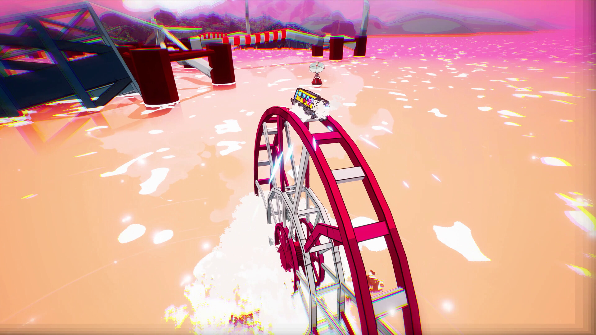 Official Denshattack screenshot showing fast train combat and stunt action against a stylized Japanese backdrop.