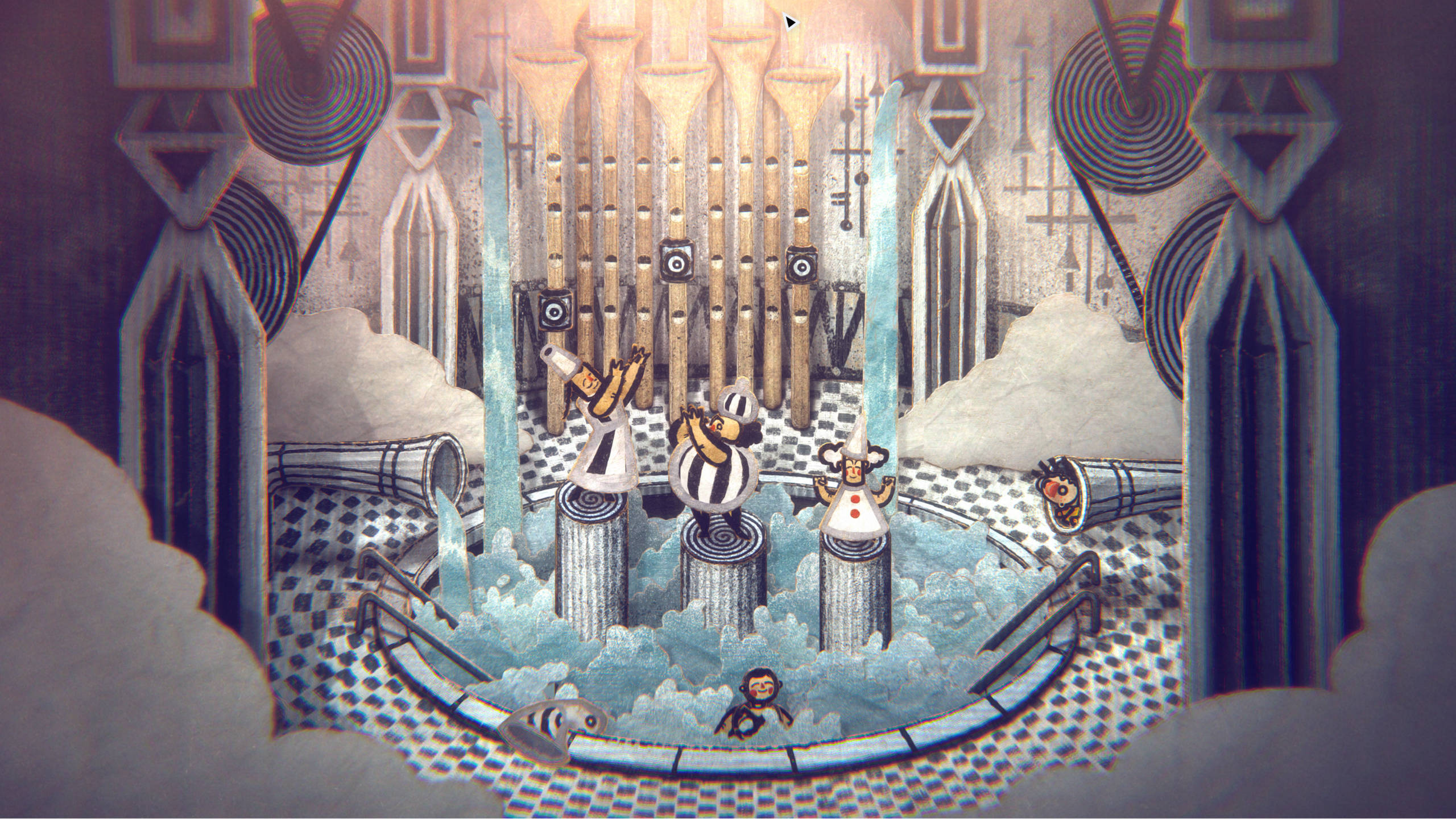 Official Phonopolis art from Amanita Design showing the game's angular cardboard architecture and stage-like city layout.