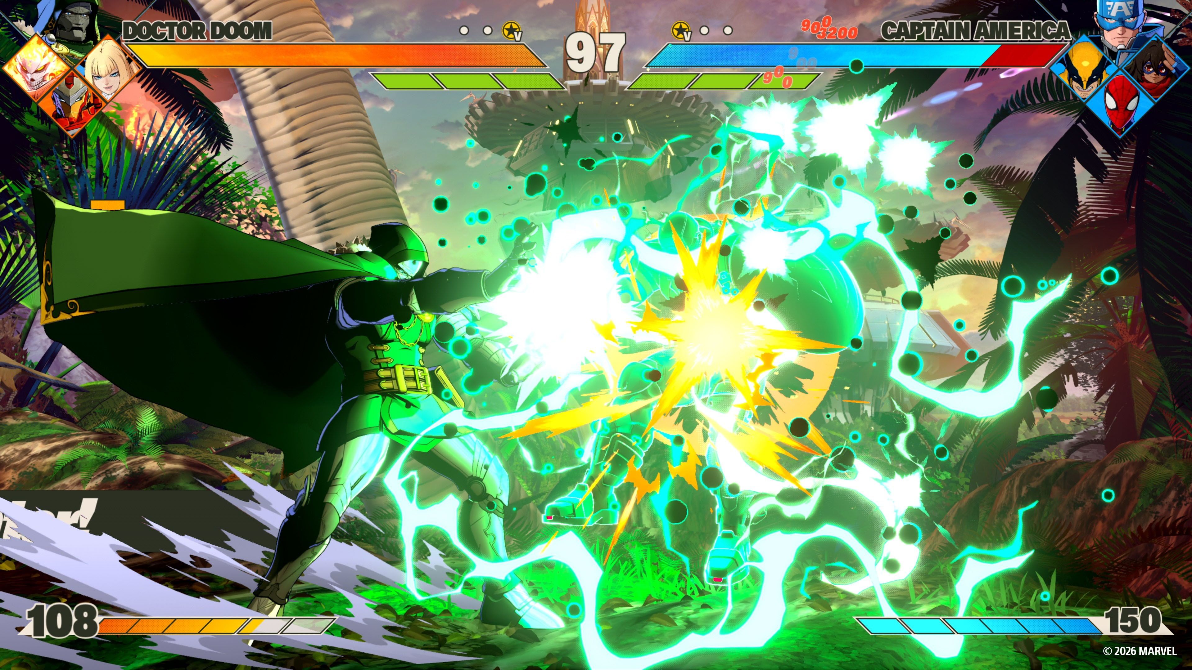 Official MARVEL Tōkon: Fighting Souls screenshot showing two Marvel teams colliding in a bright combat arena.