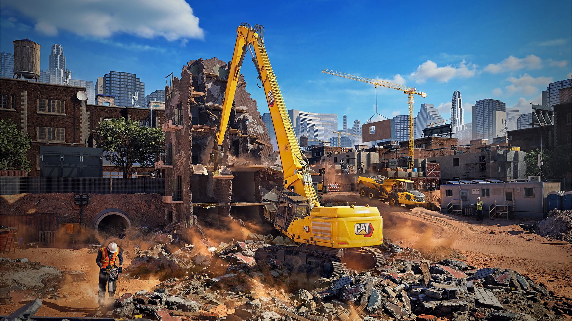 Oficjalna grafika wspierająca z Construction Simulator: Evolution pokazująca większy plac budowy i cięższy zestaw maszyn w grze.