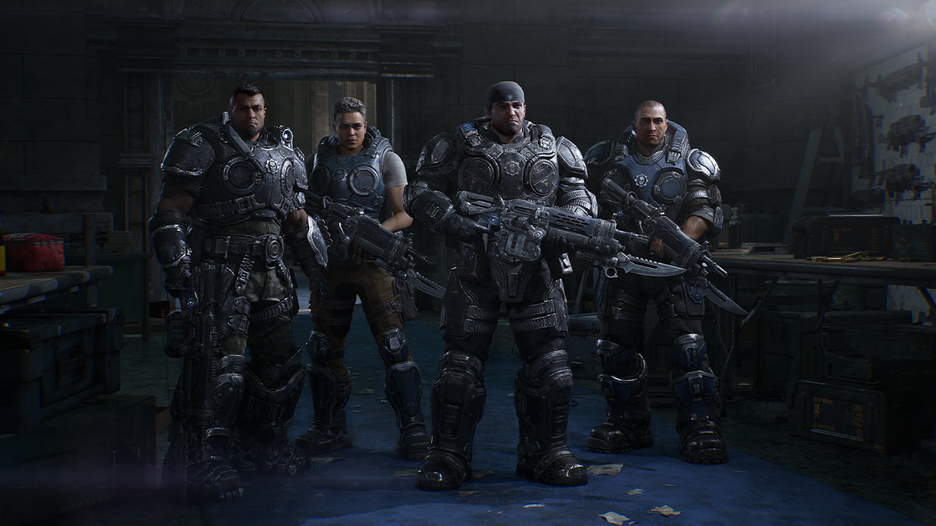Official Gears of War: E-Day screenshot showing a Gears firefight with multiple enemies and cover-heavy action.