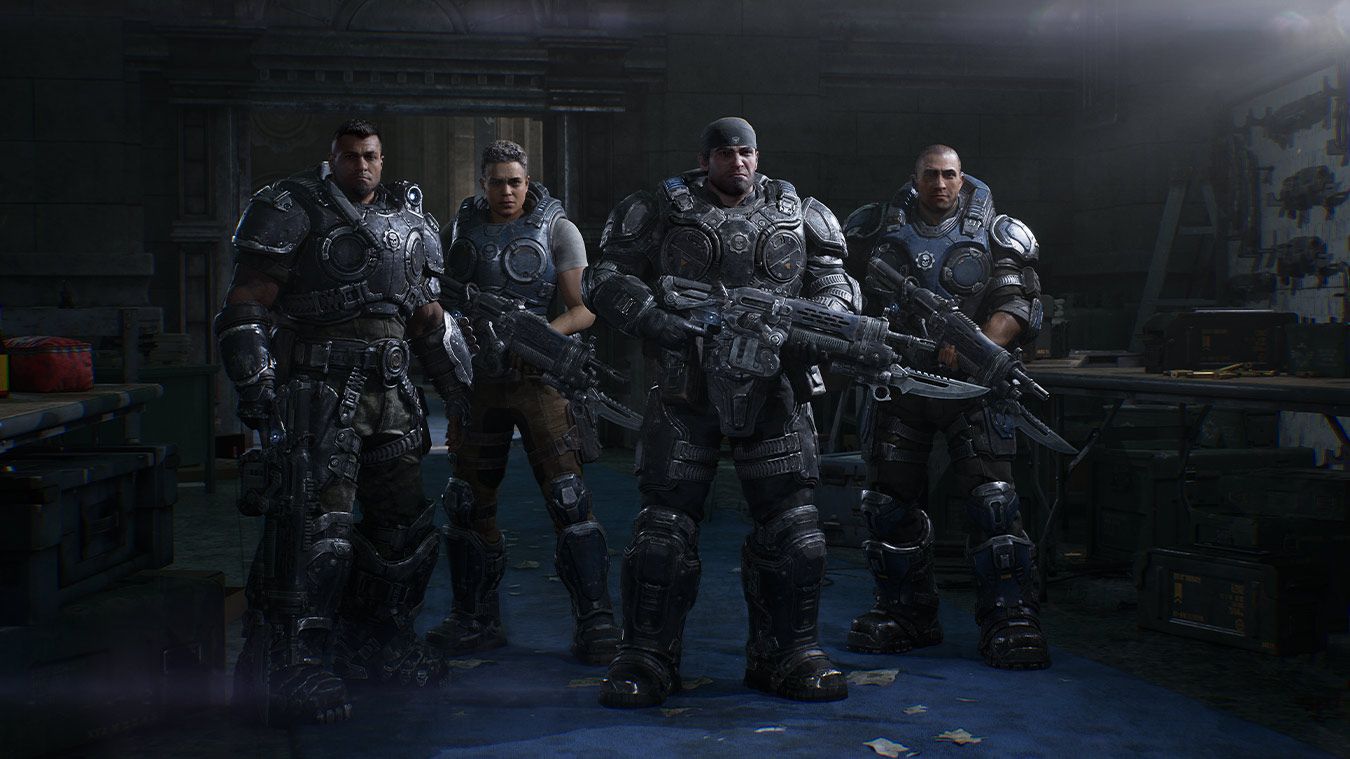 Official Gears of War: E-Day screenshot showing a Gears firefight with multiple enemies and cover-heavy action.