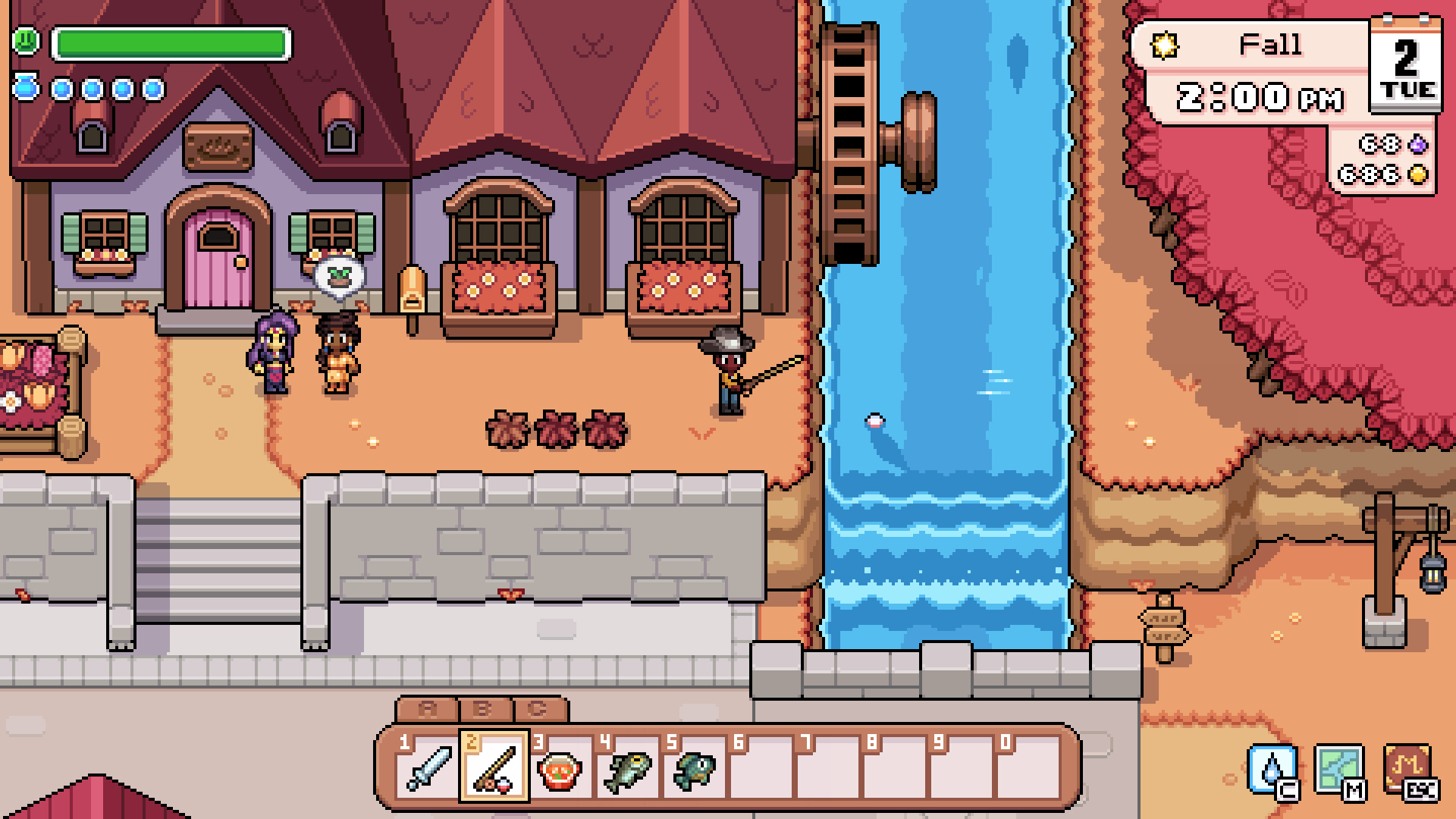 Official Fields of Mistria screenshot showing a pixel-art character near village buildings and decorative town details.