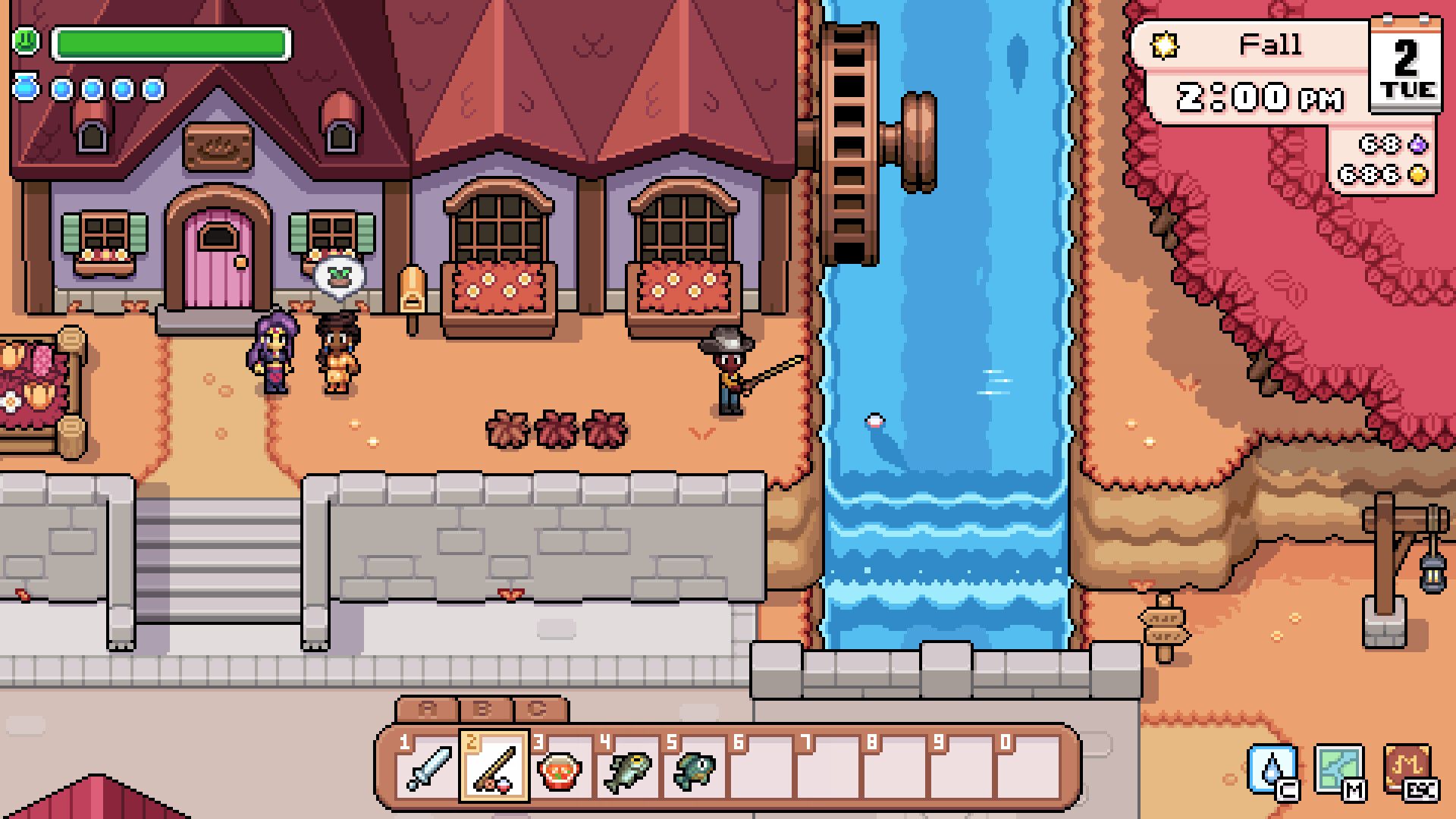 Official Fields of Mistria screenshot showing a pixel-art character near village buildings and decorative town details.