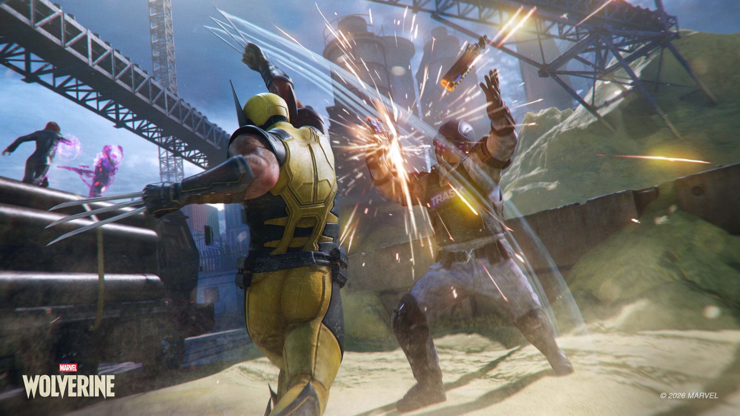 Official Marvel's Wolverine screenshot showing Wolverine slashing through a Trask grunt while Jean Grey fights in the background.