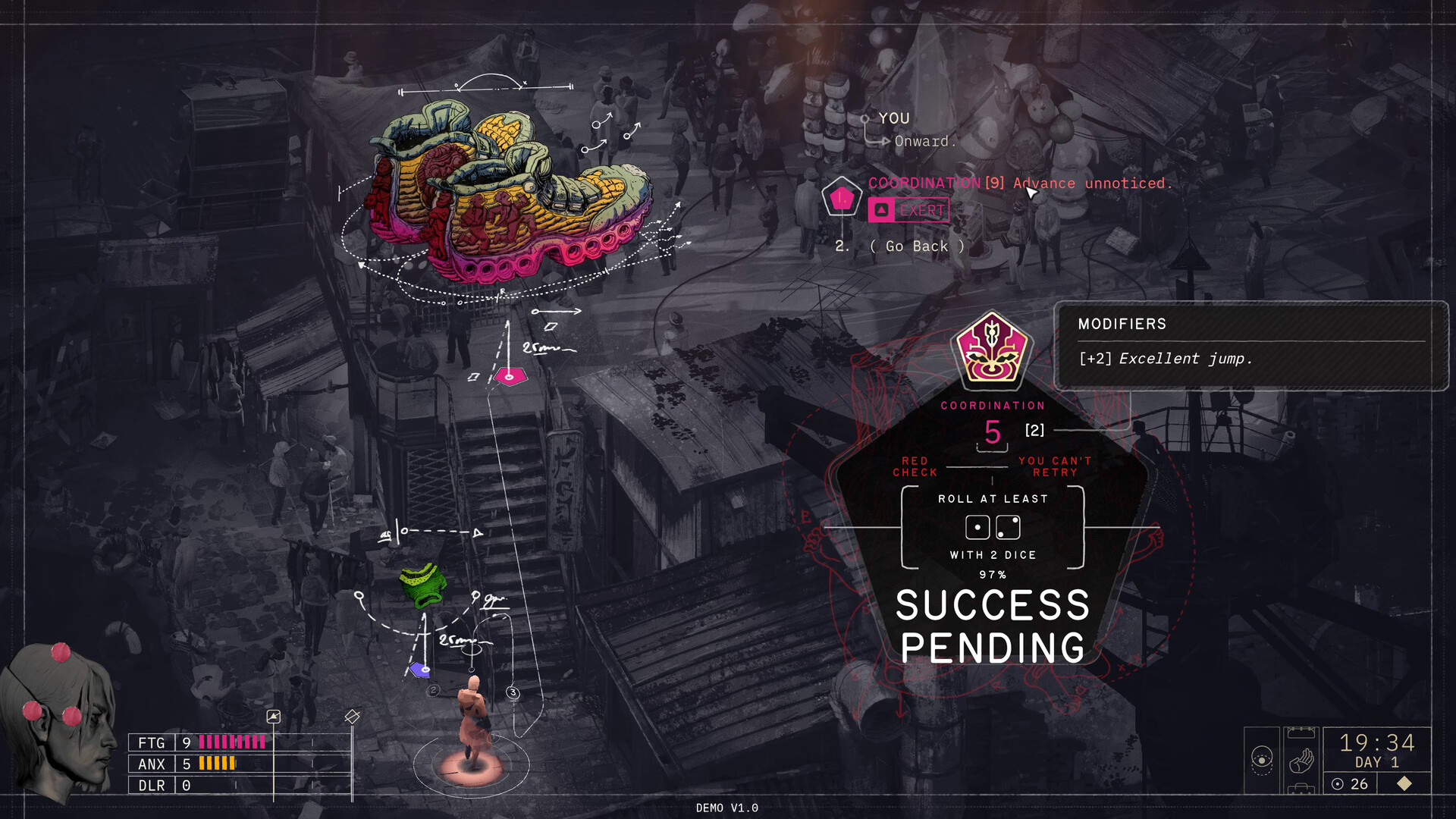 Official Zero Parades screenshot showing another conversation-heavy scene with the game's stylized urban espionage art direction.