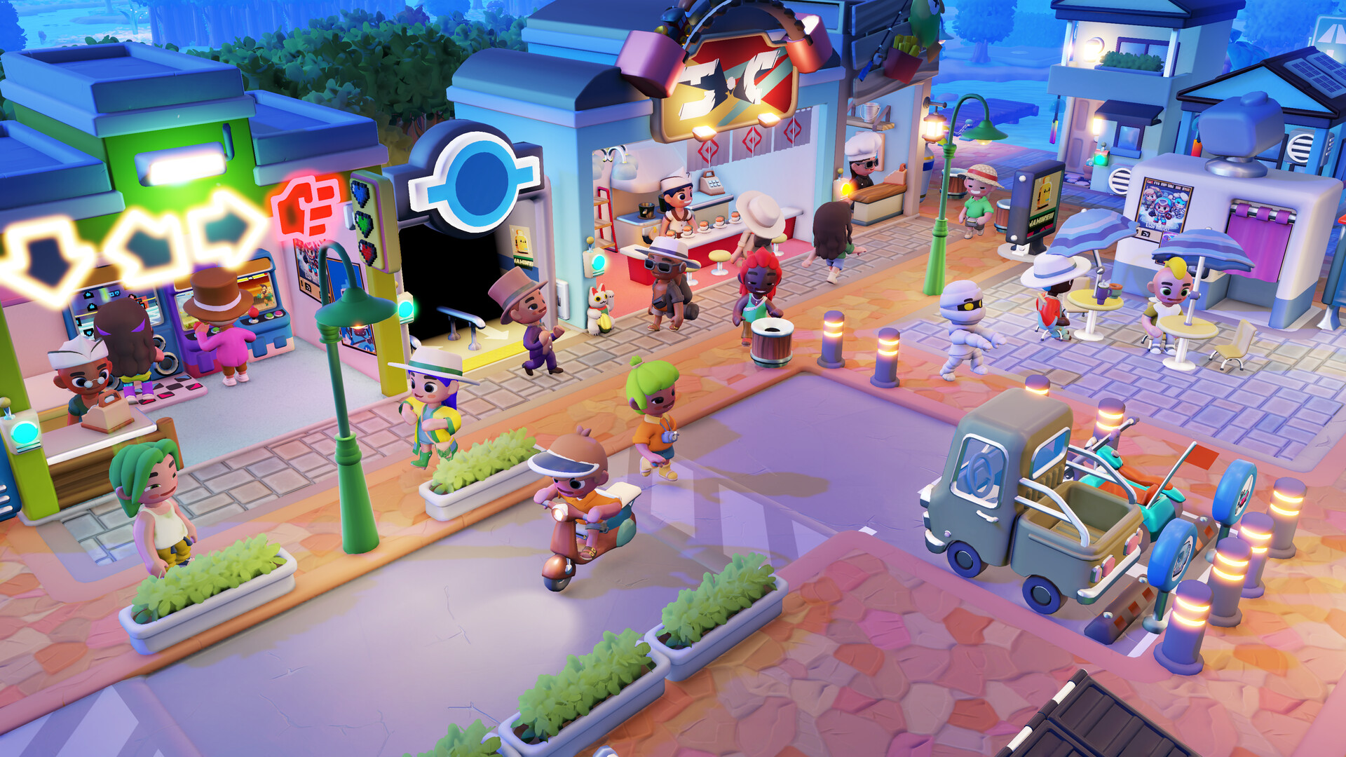 Official Go-Go Town! screenshot showing a night-lit shopping area with a cafe, arcade machines, tourists, and a small truck parked near the curb.