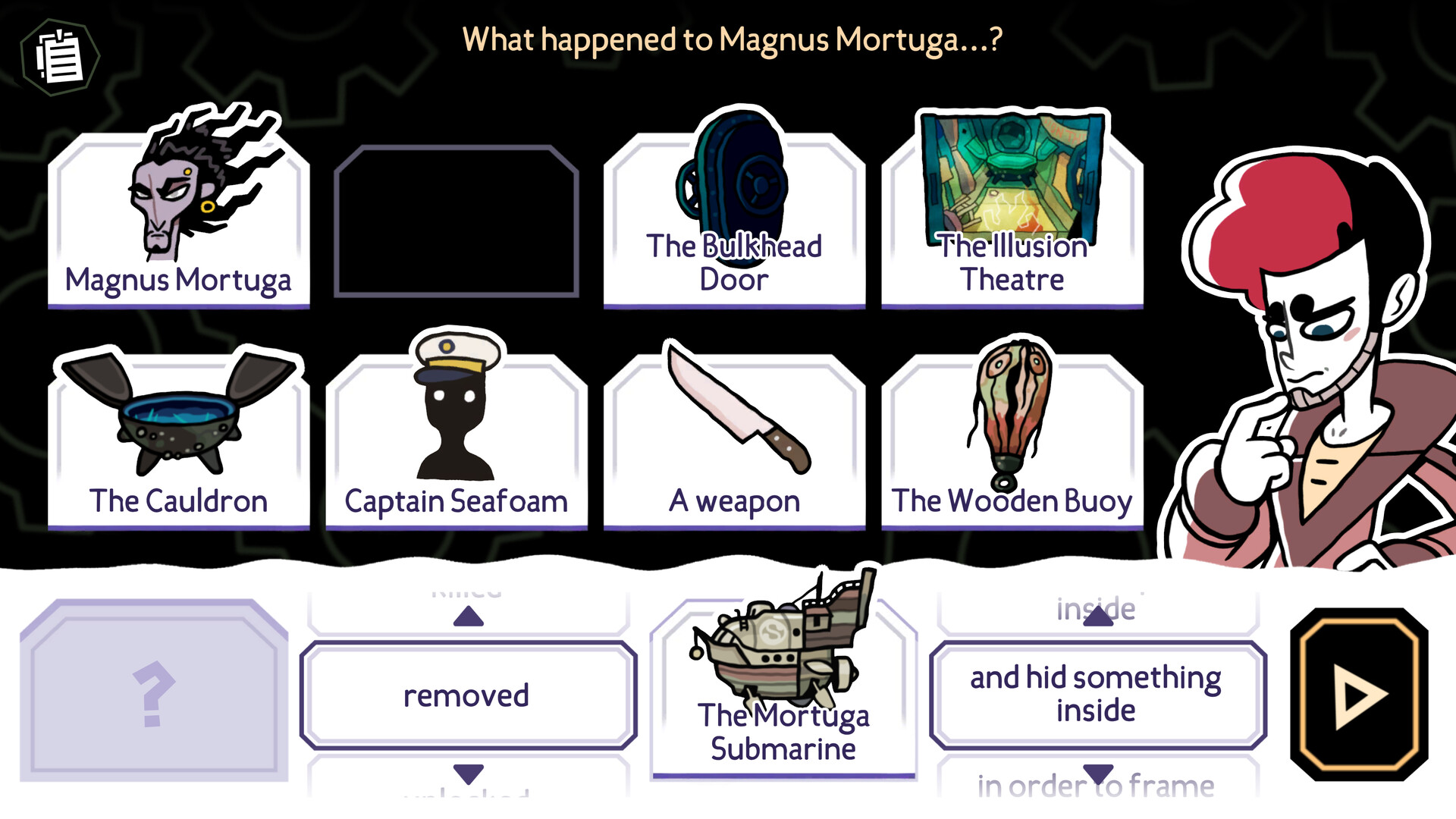 Official The Mermaid Mask Steam screenshot showing an investigation board linking suspects, objects, and locations.