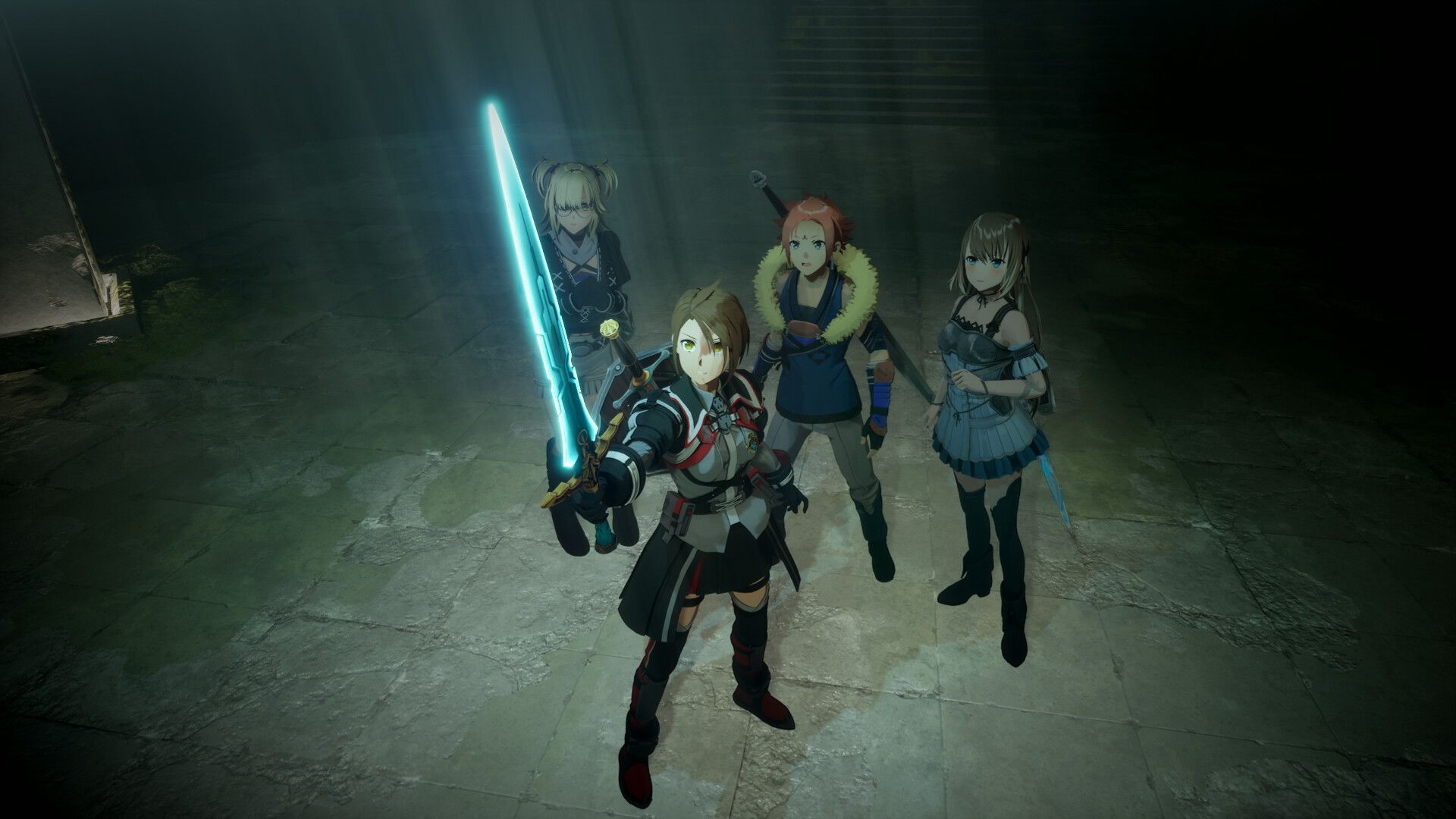 Official Echoes of Aincrad screenshot showing the player avatar and three companions in a dark dungeon corridor.