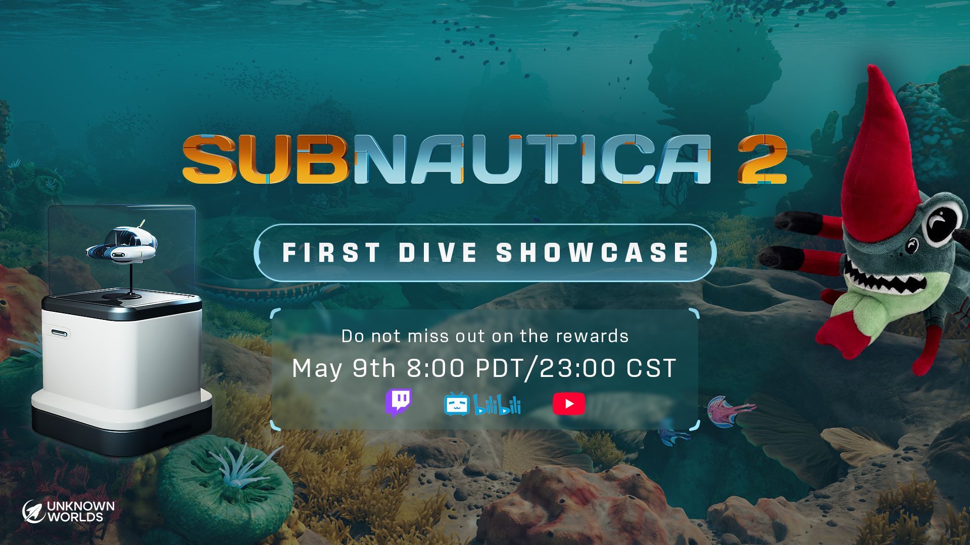 Official Subnautica 2 showcase teaser image from Unknown Worlds announcing the May 9 pre-launch broadcast.