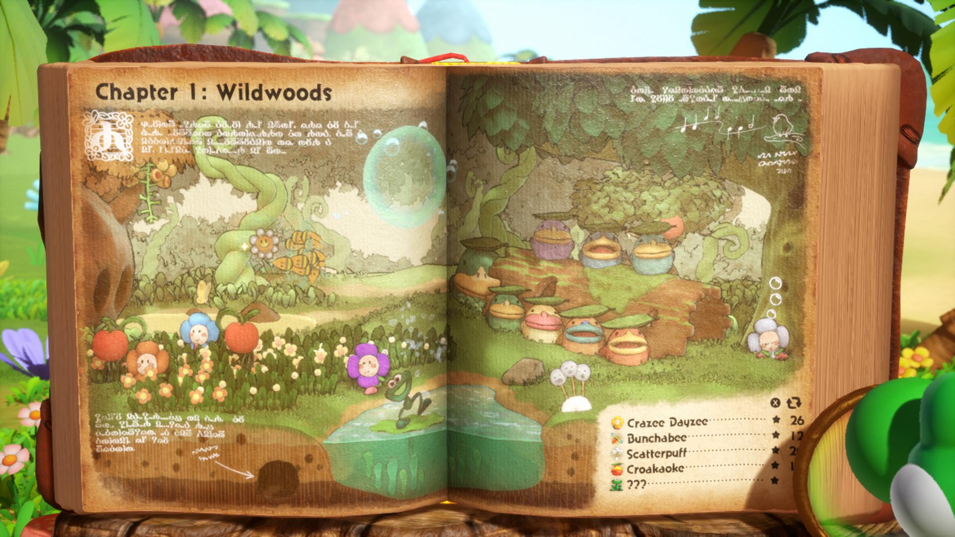 Official Yoshi and the Mysterious Book screenshot showing Yoshi interacting with one of the game's large storybook creatures.