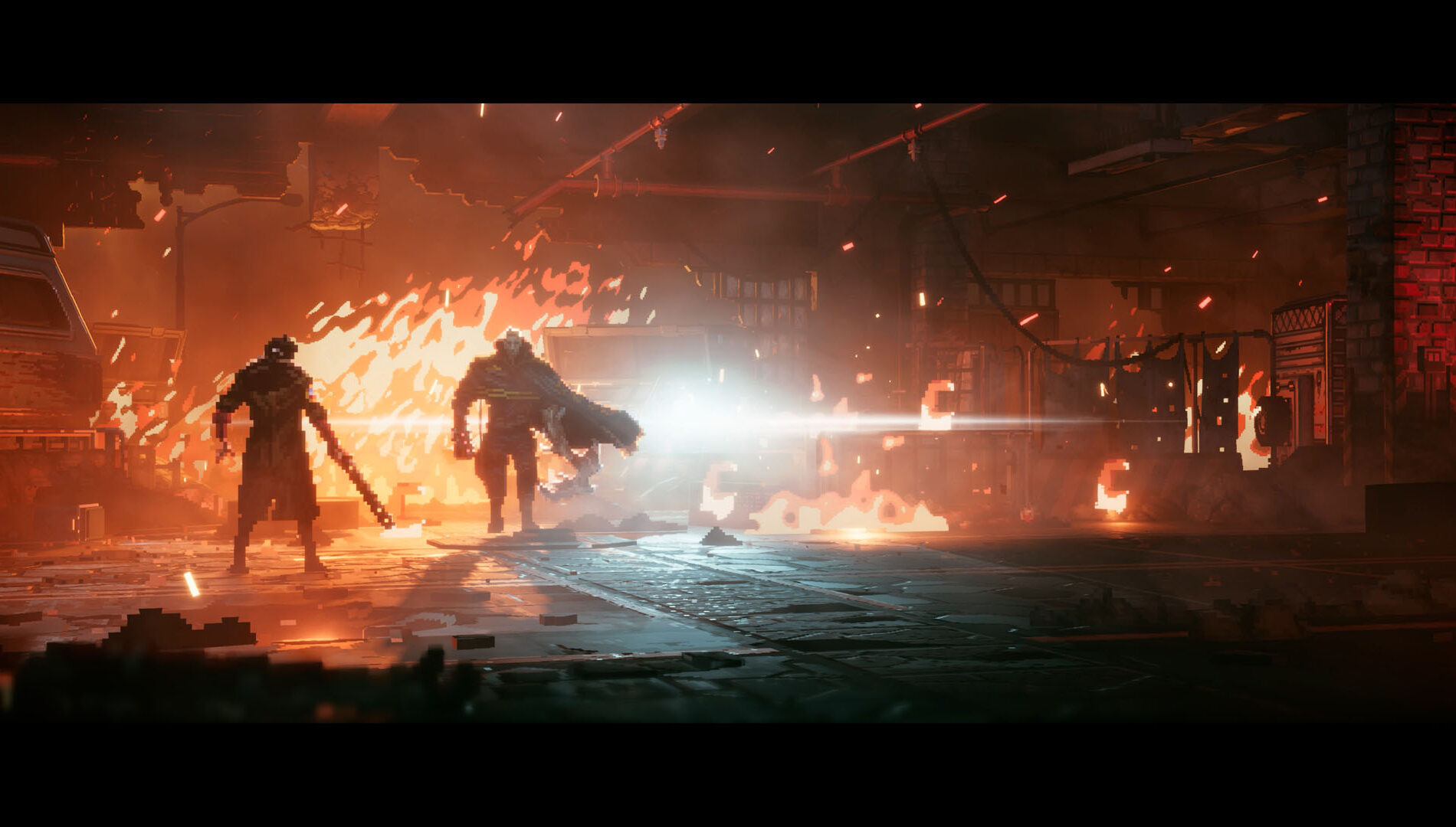 Oficjalna grafika REPLACED pokazująca kolejny fragment walki z kinowym oświetleniem i pikselową scenografią.