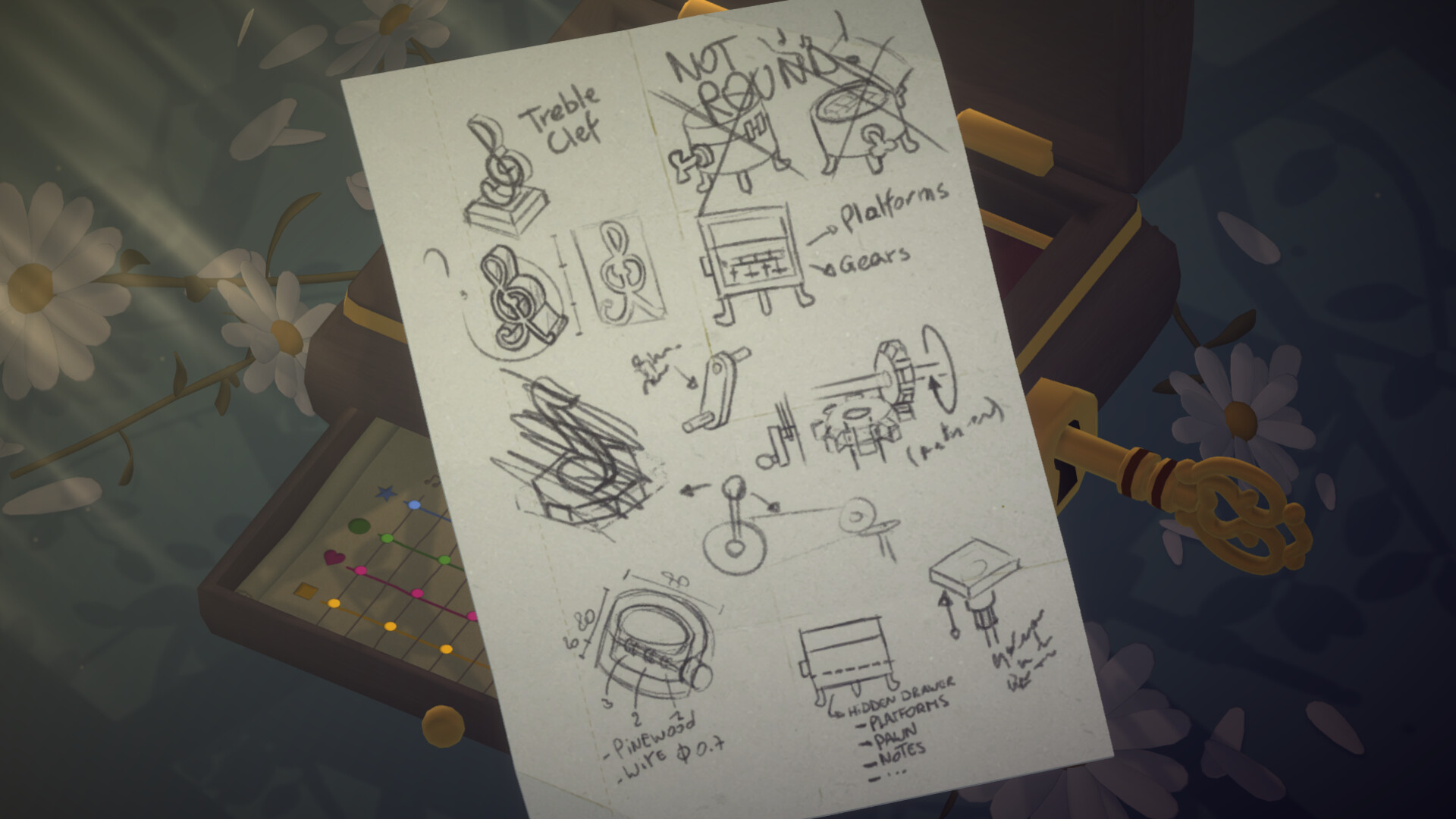 Official Swan Song screenshot from Steam showing another puzzle screen with the swan, note pieces, and the game's storybook art direction.