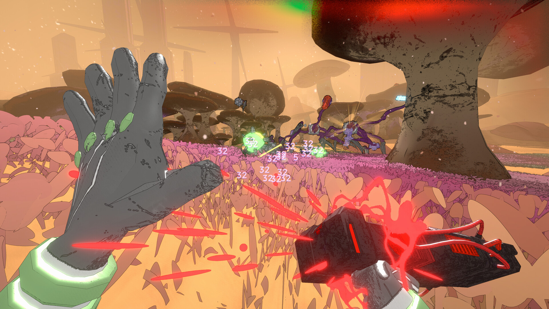 A robotic hand and red-lit weapon face a fungal enemy among pink plants and giant mushrooms.