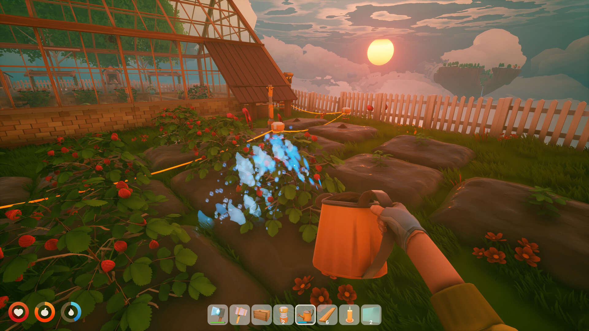 Solarpunk screenshot highlighting the game's bright floating-island environment and base-building angle.