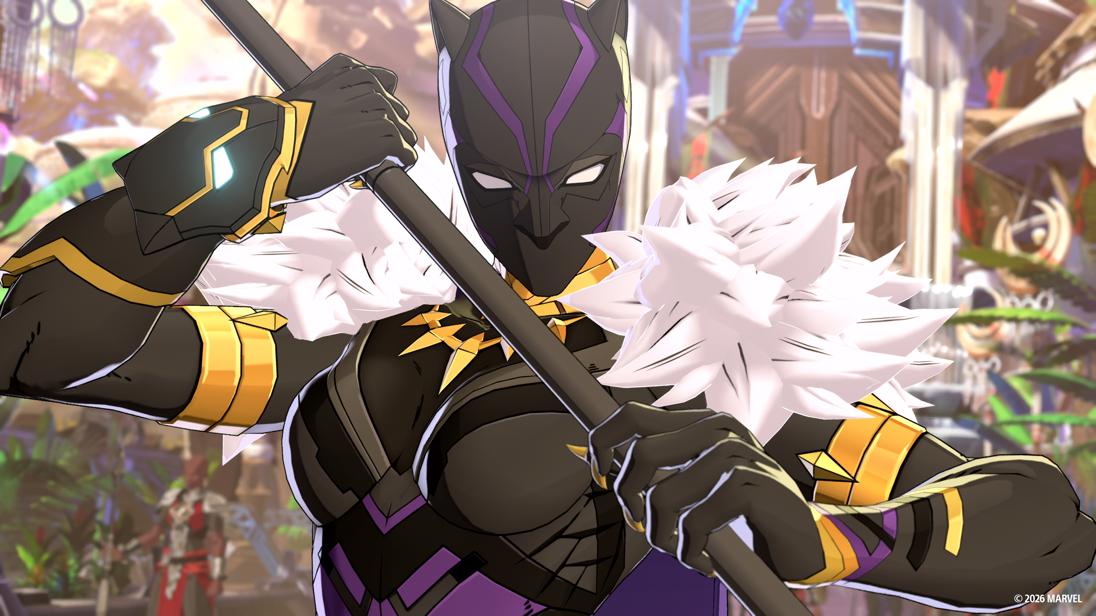 Official MARVEL Tōkon image showing Shuri as Black Panther with her spear in the Wakanda reveal build.
