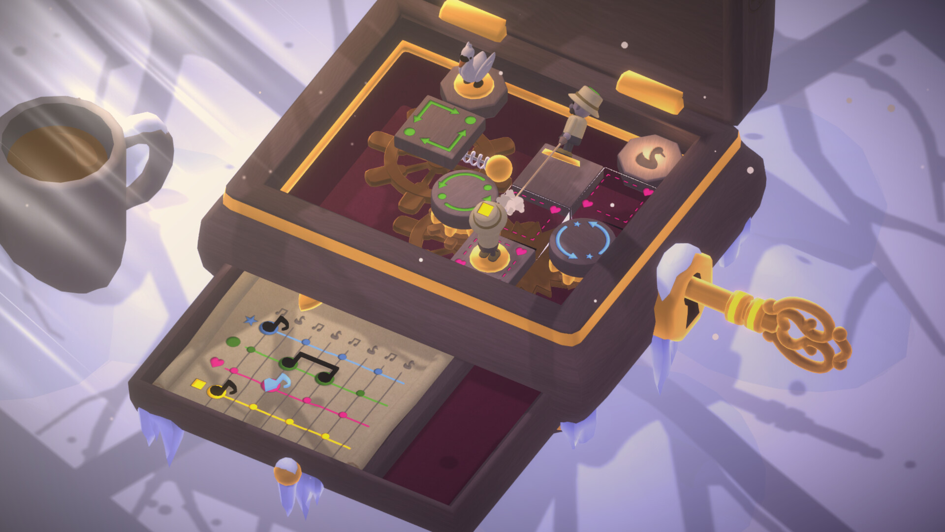 Official Swan Song screenshot from Steam showing the swan moving through a later puzzle area inside the game's music-box setting.