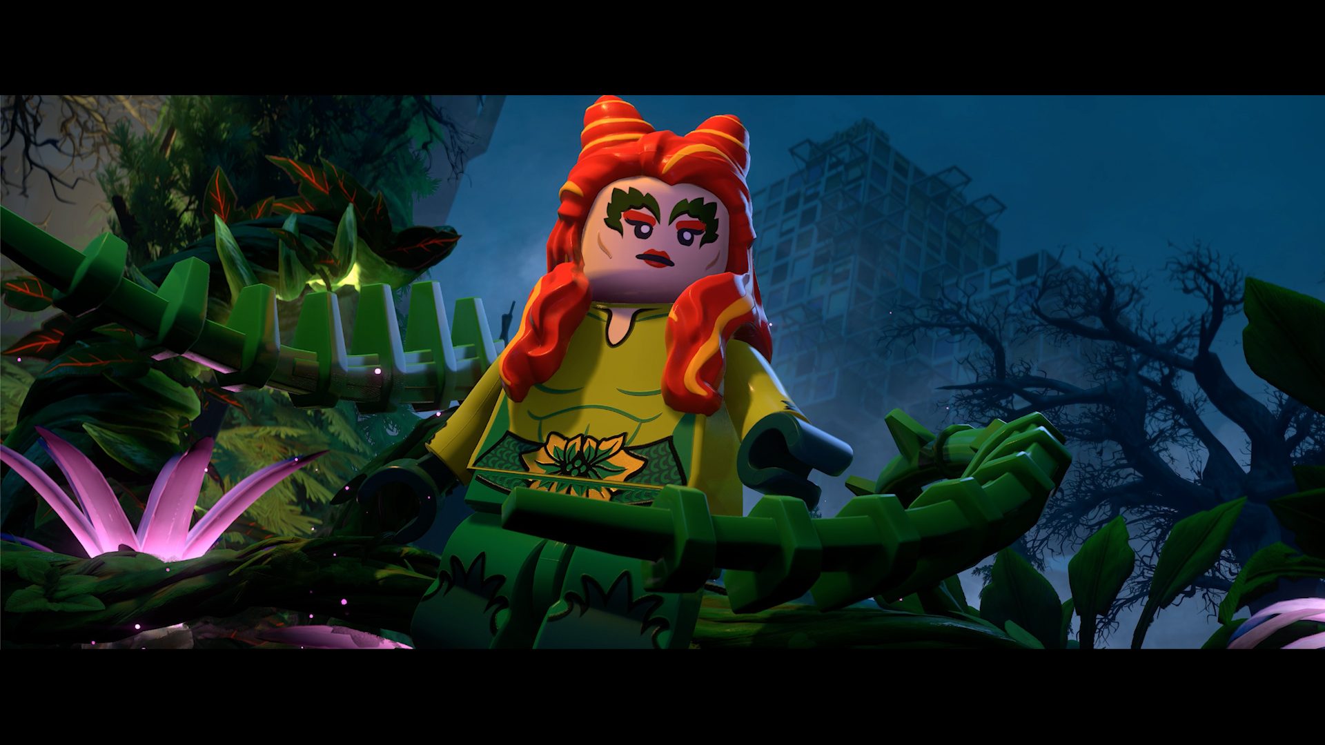 Official LEGO Batman screenshot from PlayStation Blog showing Poison Ivy in an overgrown Gotham area during the hands-on preview.
