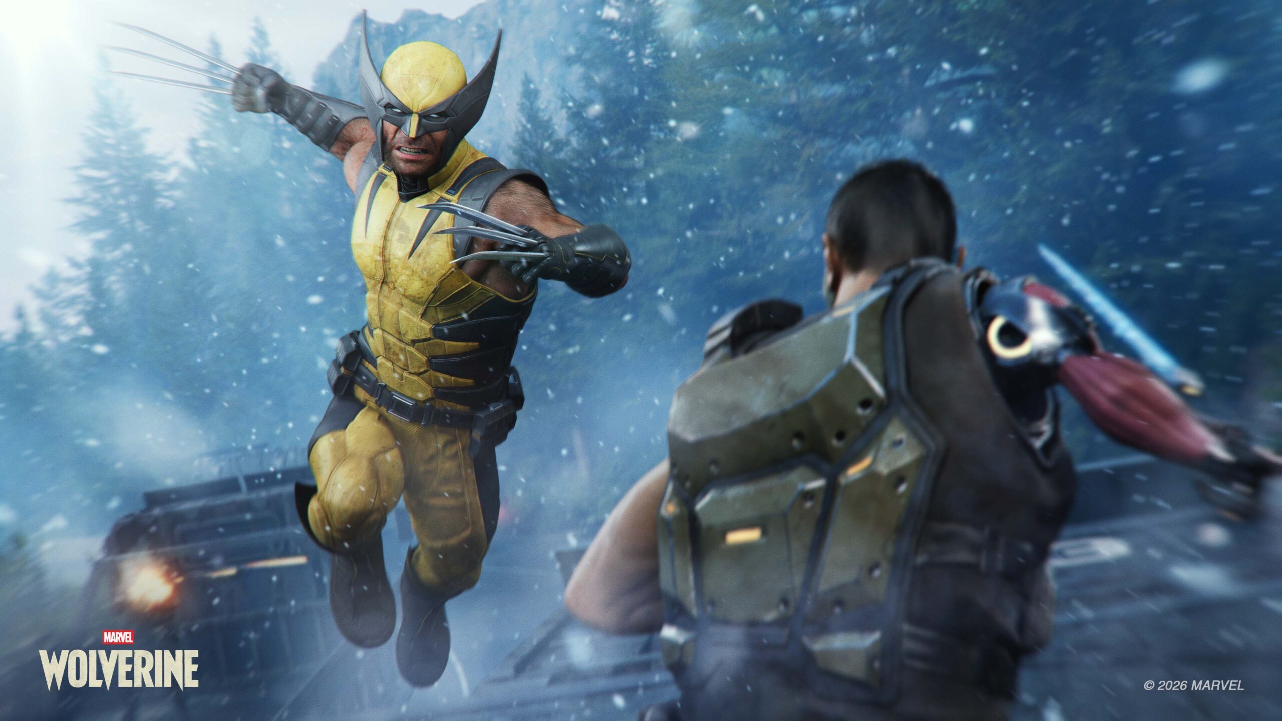Official Marvel's Wolverine screenshot showing Wolverine fighting a Reaver on top of a truck in the middle of a convoy.
