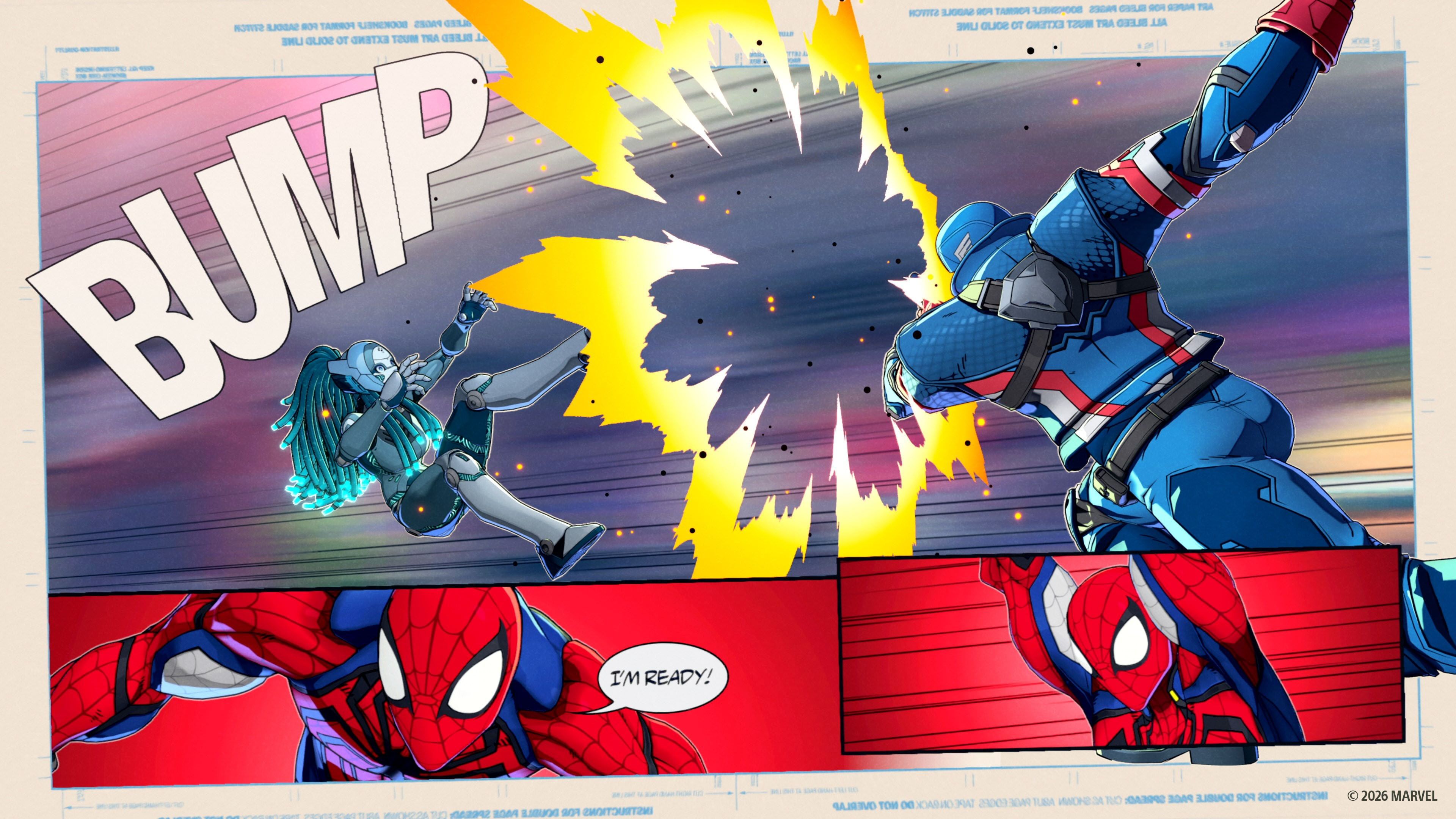 Official MARVEL Tōkon: Fighting Souls screenshot showing multiple Marvel characters mid-combat with flashy effects and stage detail.