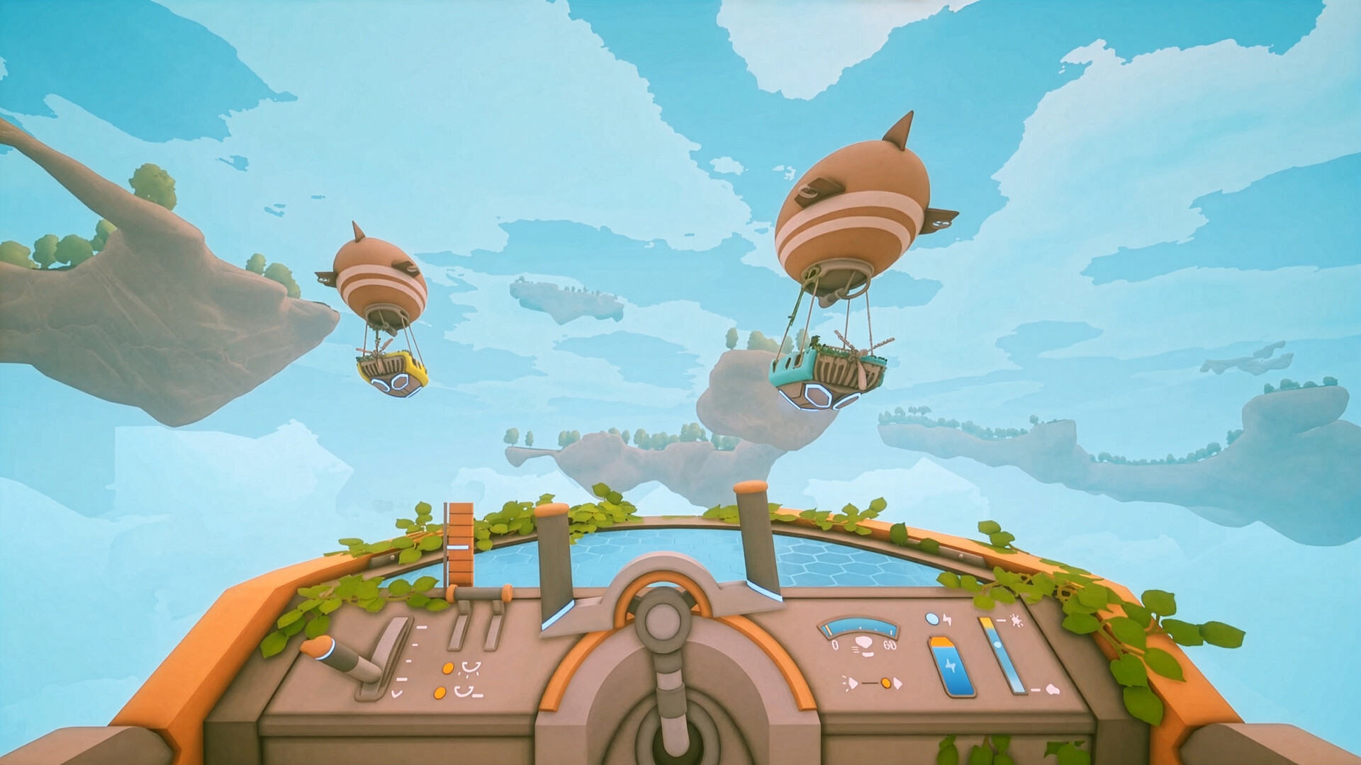 Solarpunk screenshot showing co-op survival-building systems and a detailed floating-island structure.