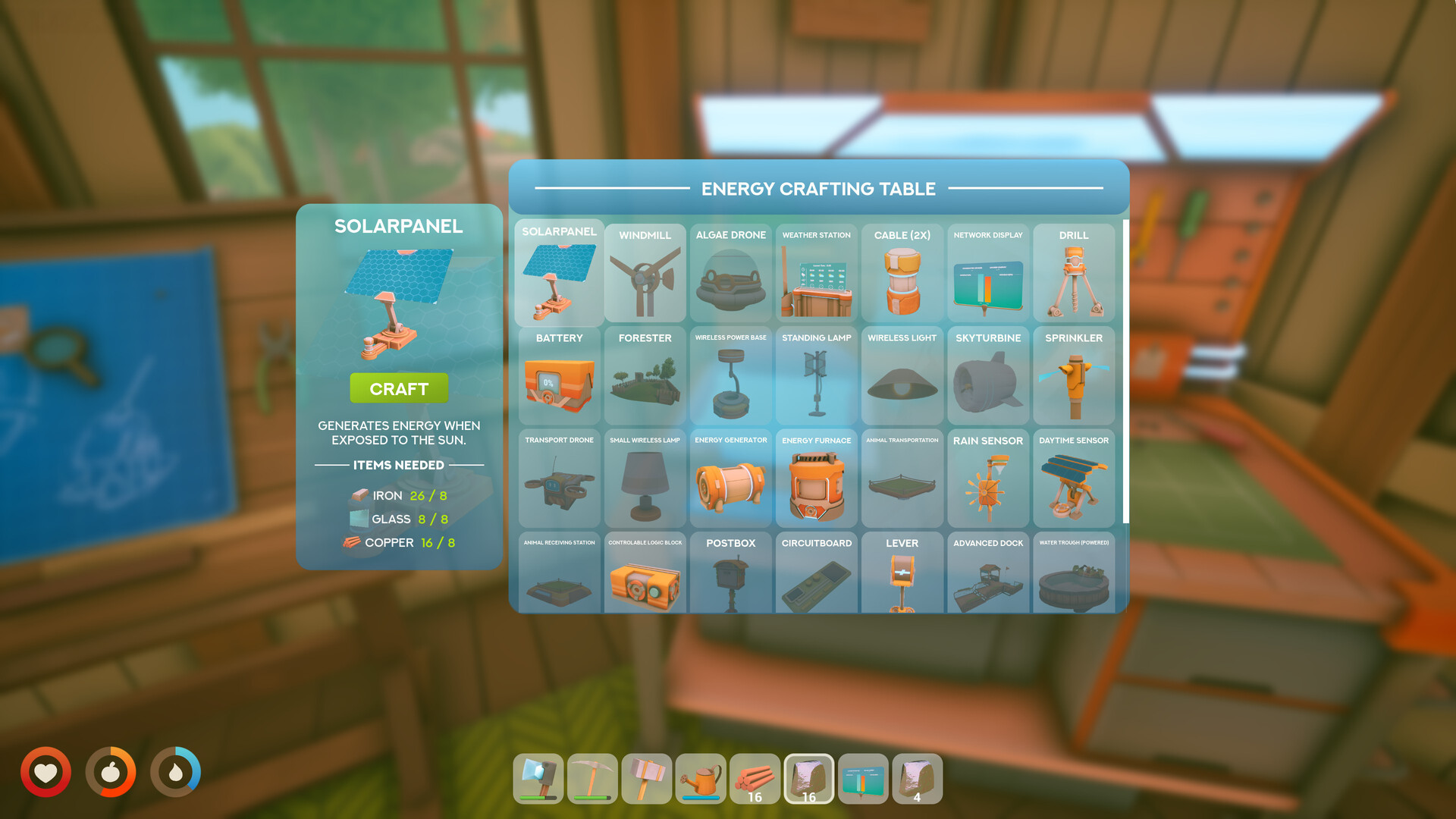 Solarpunk screenshot focused on the farming and settlement side of the game.