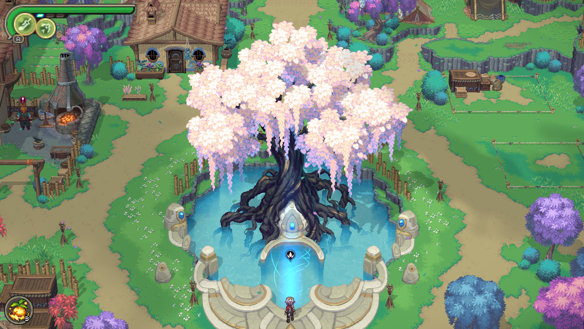 Alabaster Dawn screenshot showing the larger fantasy world and color-rich visual style.