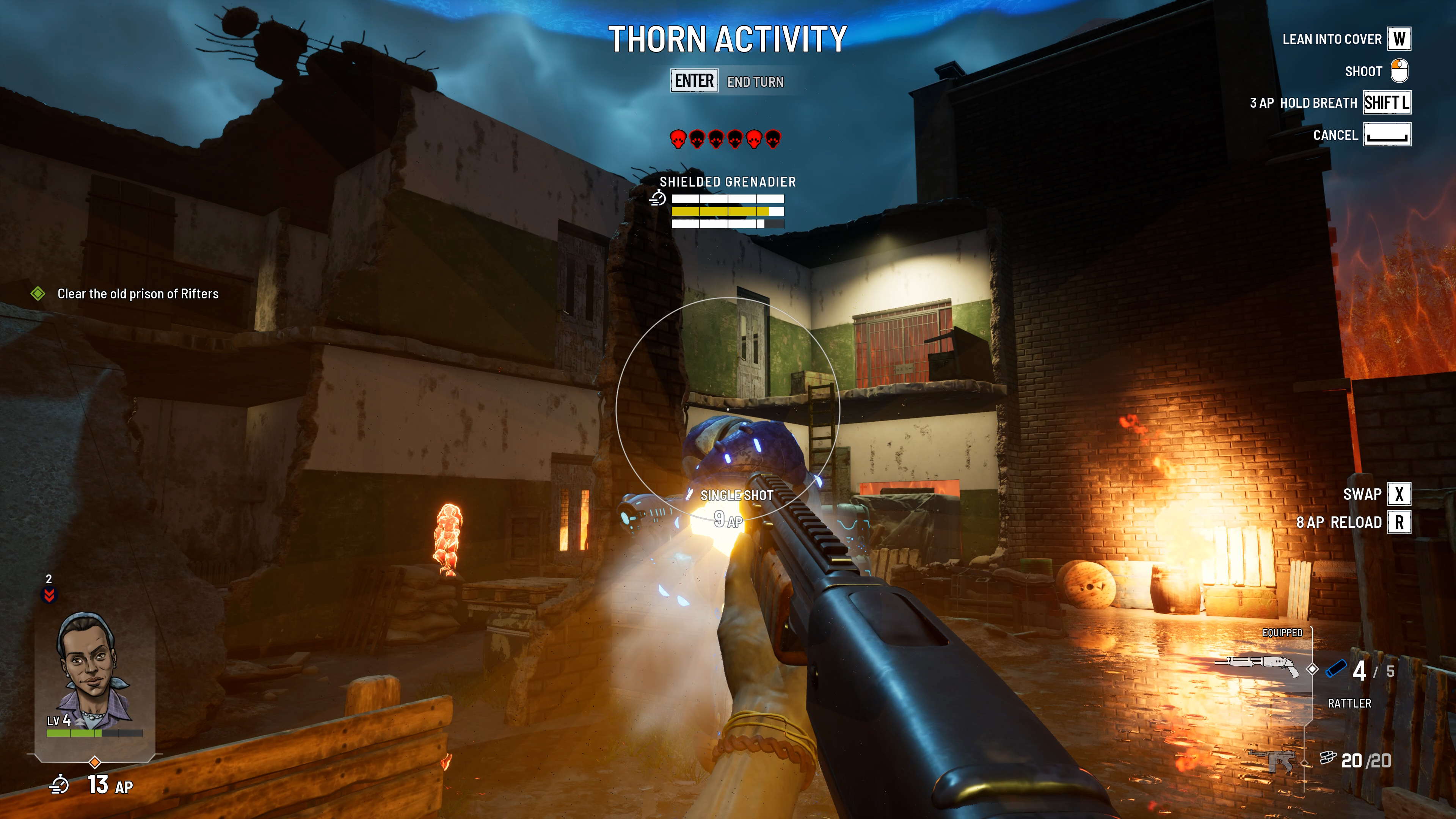 A first-person shotgun view targets a shielded enemy in a ruined courtyard.