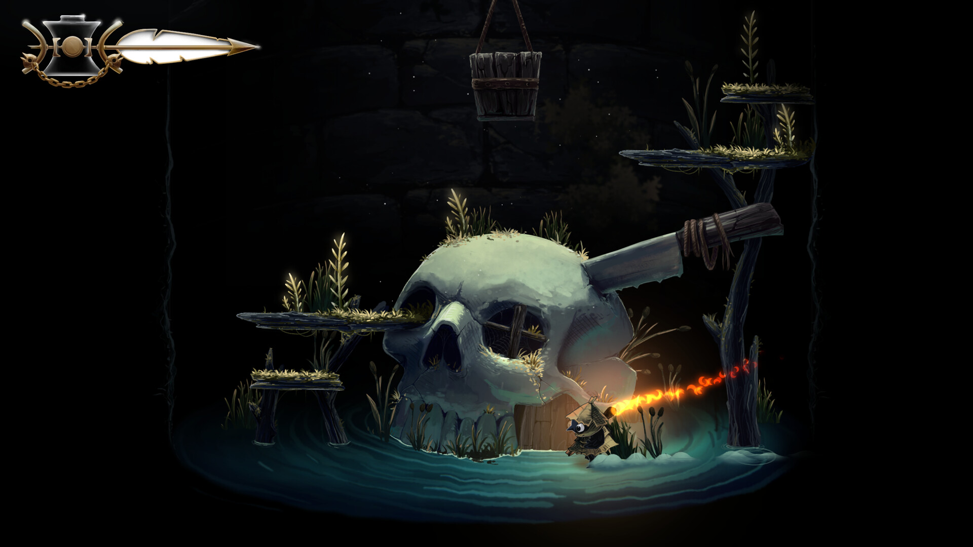 Glimmer carries a burning match past a giant skull surrounded by wooden platforms.