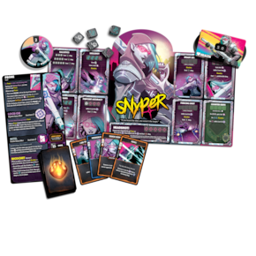 Snyper hero board surrounded by illustrated cards and tokens.
