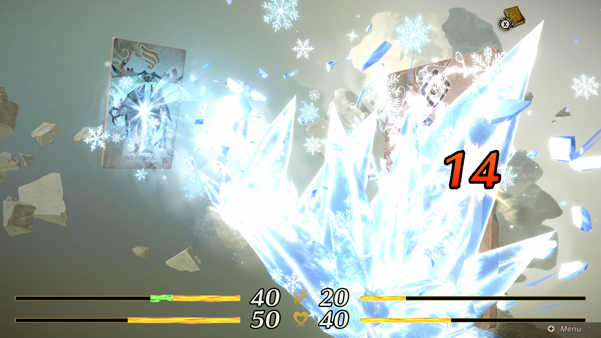 Two creature cards clash amid bright ice effects, with attack and health bars below.