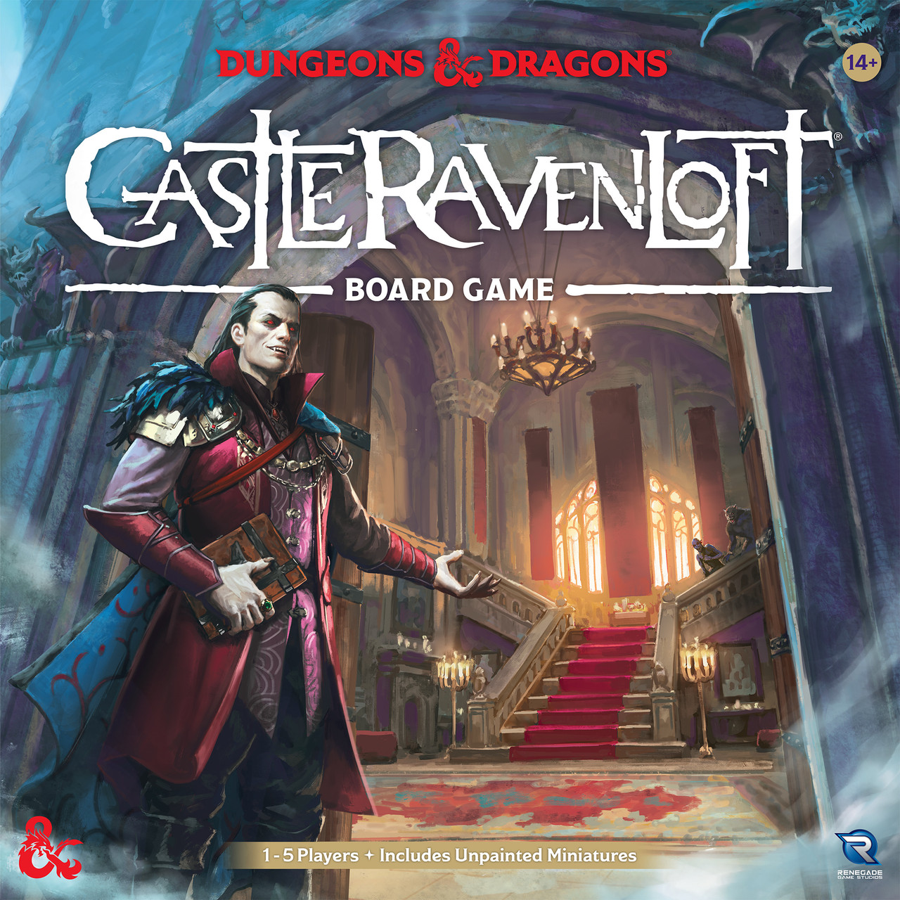 Official Renegade front-box art for the Dungeons & Dragons Castle Ravenloft Board Game Standard Edition, which includes unpainted miniatures.