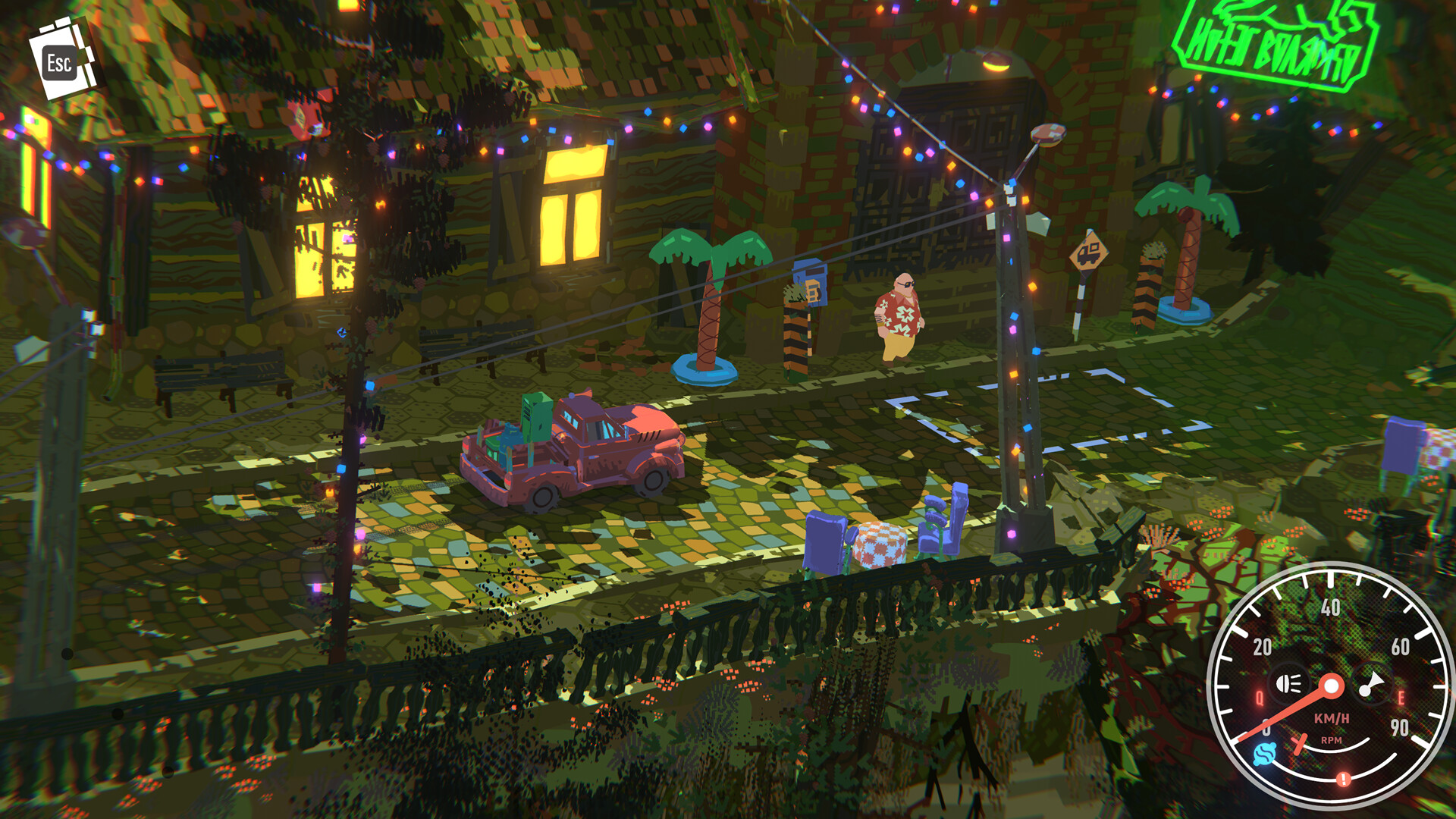 Loaded red pickup on a village street lit by green neon and strings of coloured lights.