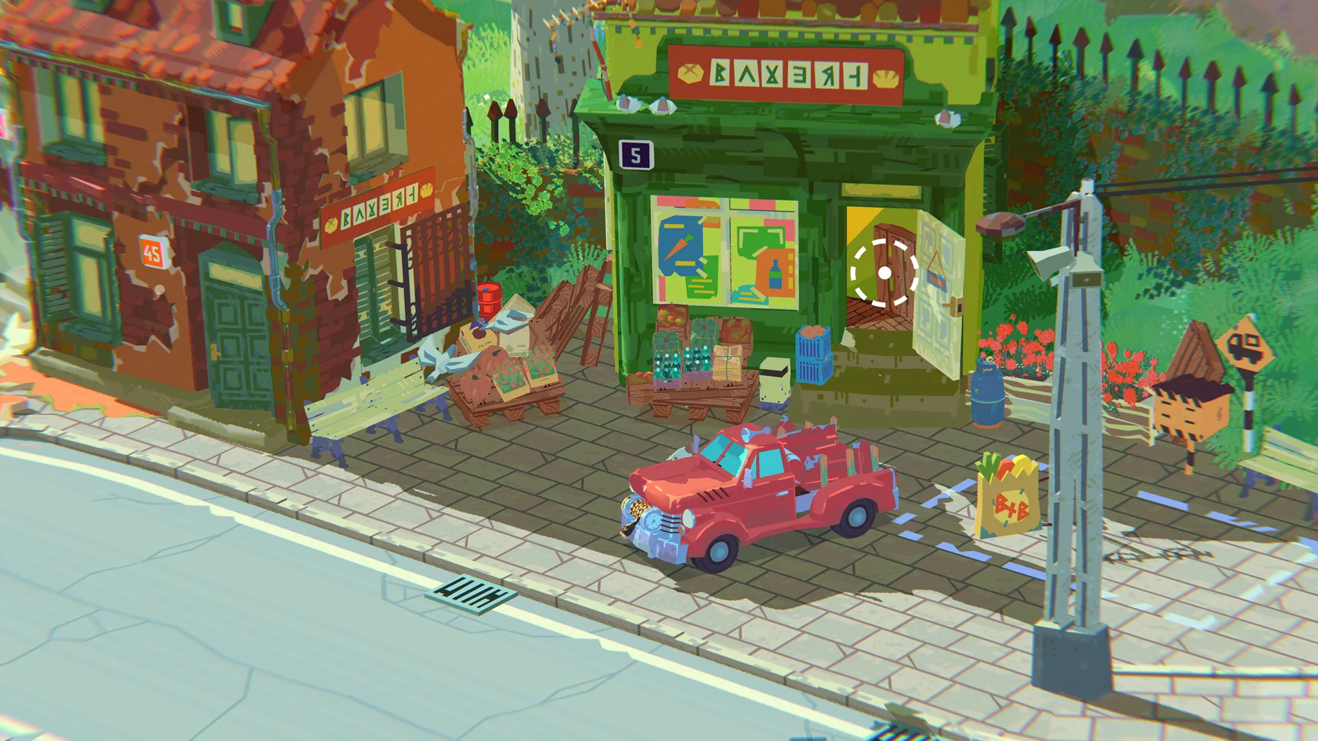 Red pickup parked beside a green village shop.