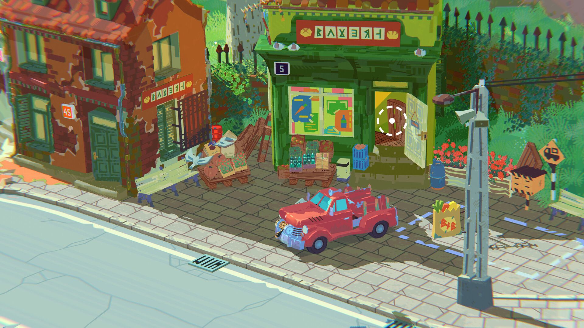 Red pickup parked beside a green village shop.