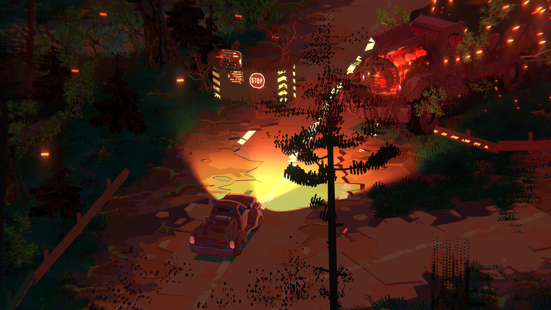 Small pickup faces an illuminated heavy truck on a road through a dark forest.