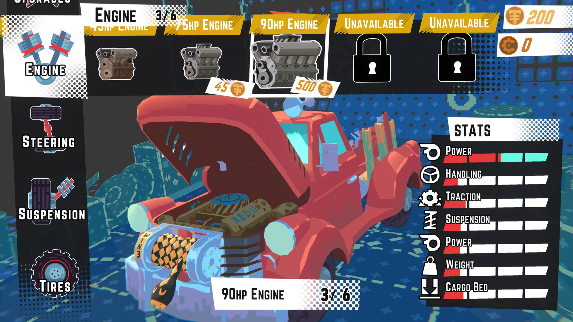 Engine-upgrade menu beside a red pickup, with engine choices and vehicle stat bars.