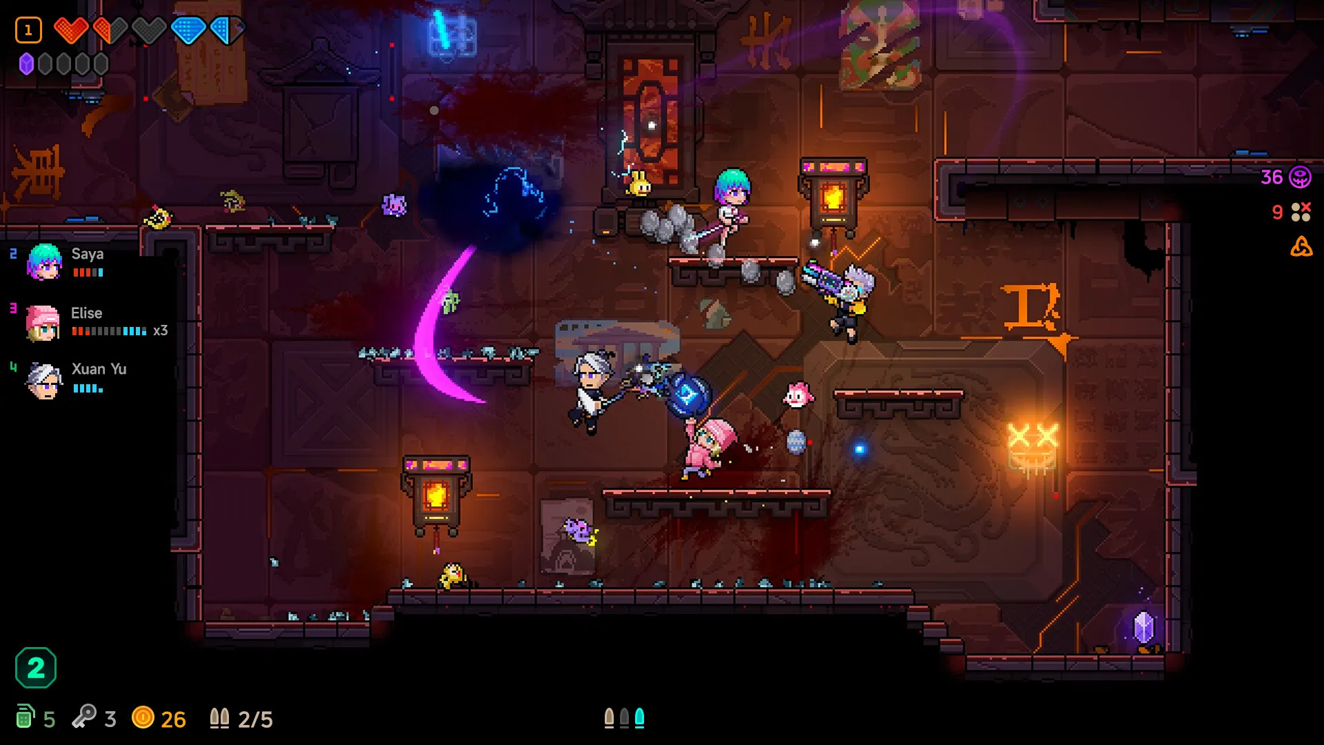 Official Neon Abyss 2 screenshot showing a character firing through a neon-lit combat arena.