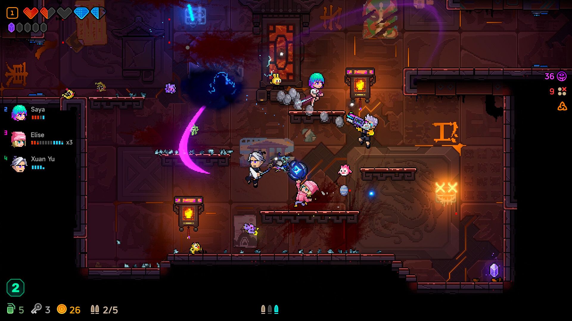 Official Neon Abyss 2 screenshot showing a character firing through a neon-lit combat arena.