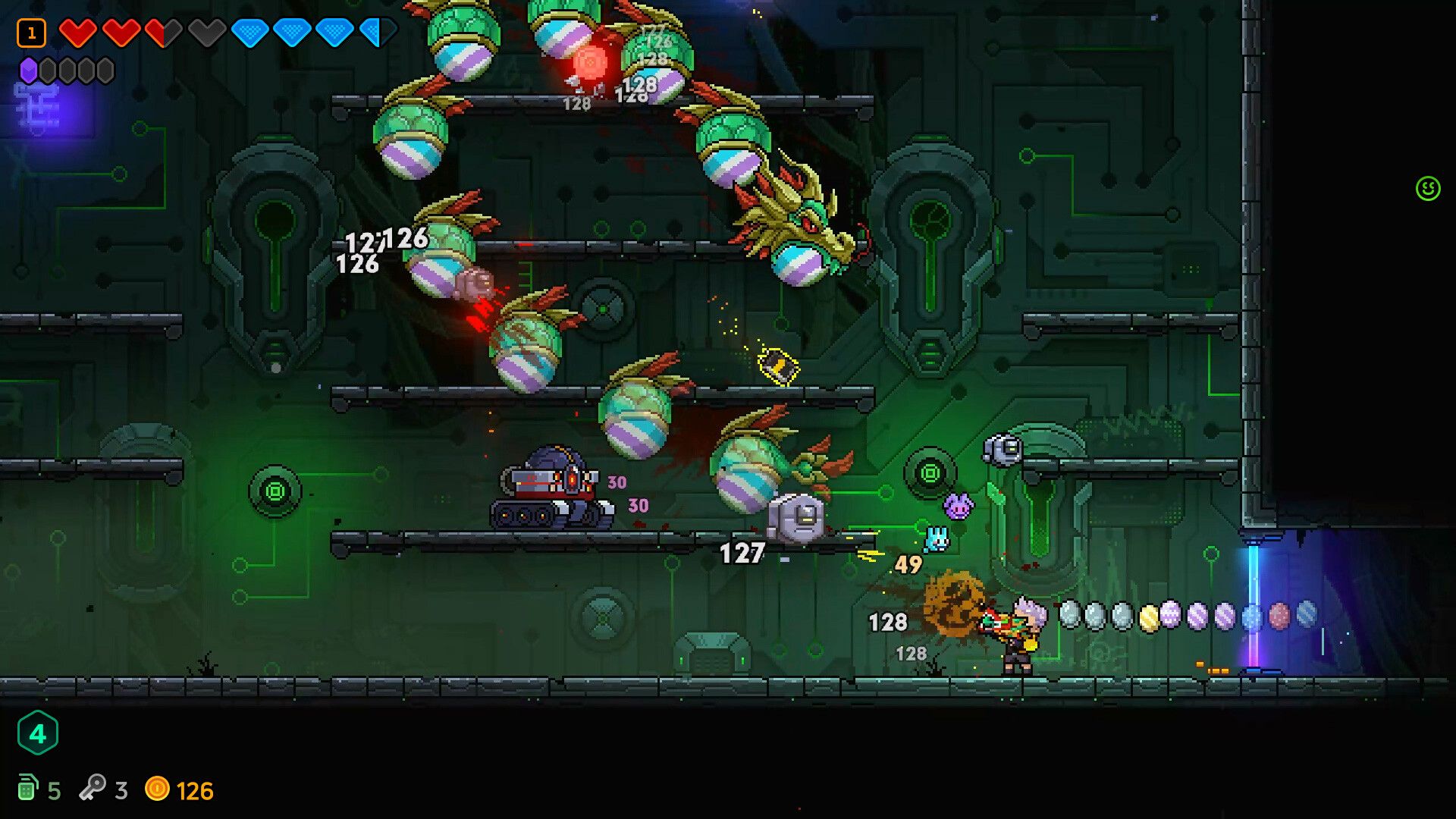 Official Neon Abyss 2 screenshot showing a character fighting enemies in a colorful side-scrolling room.