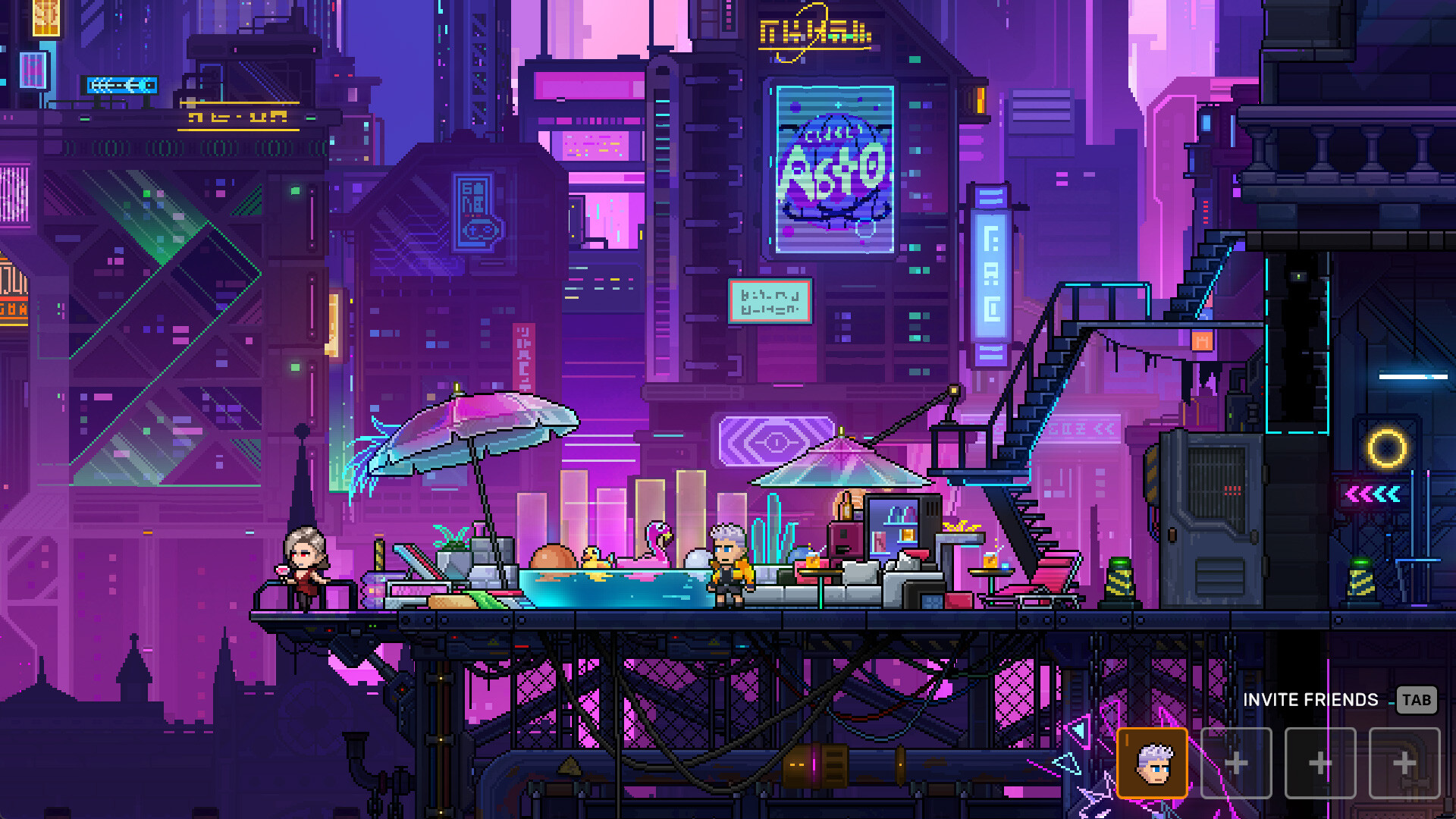 Official Neon Abyss 2 screenshot showing several characters and enemies amid bright combat effects.