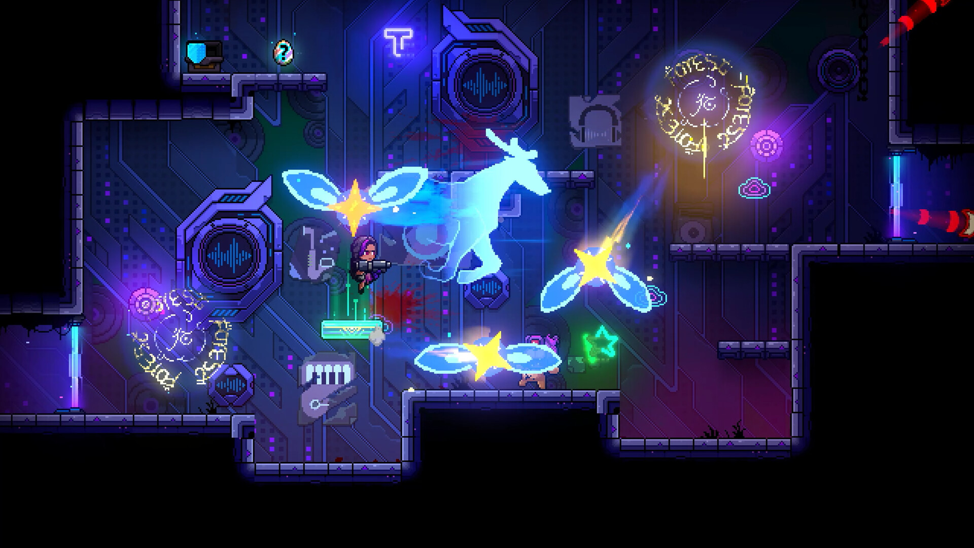 Official Neon Abyss 2 screenshot showing a character moving through a dense neon platforming area.