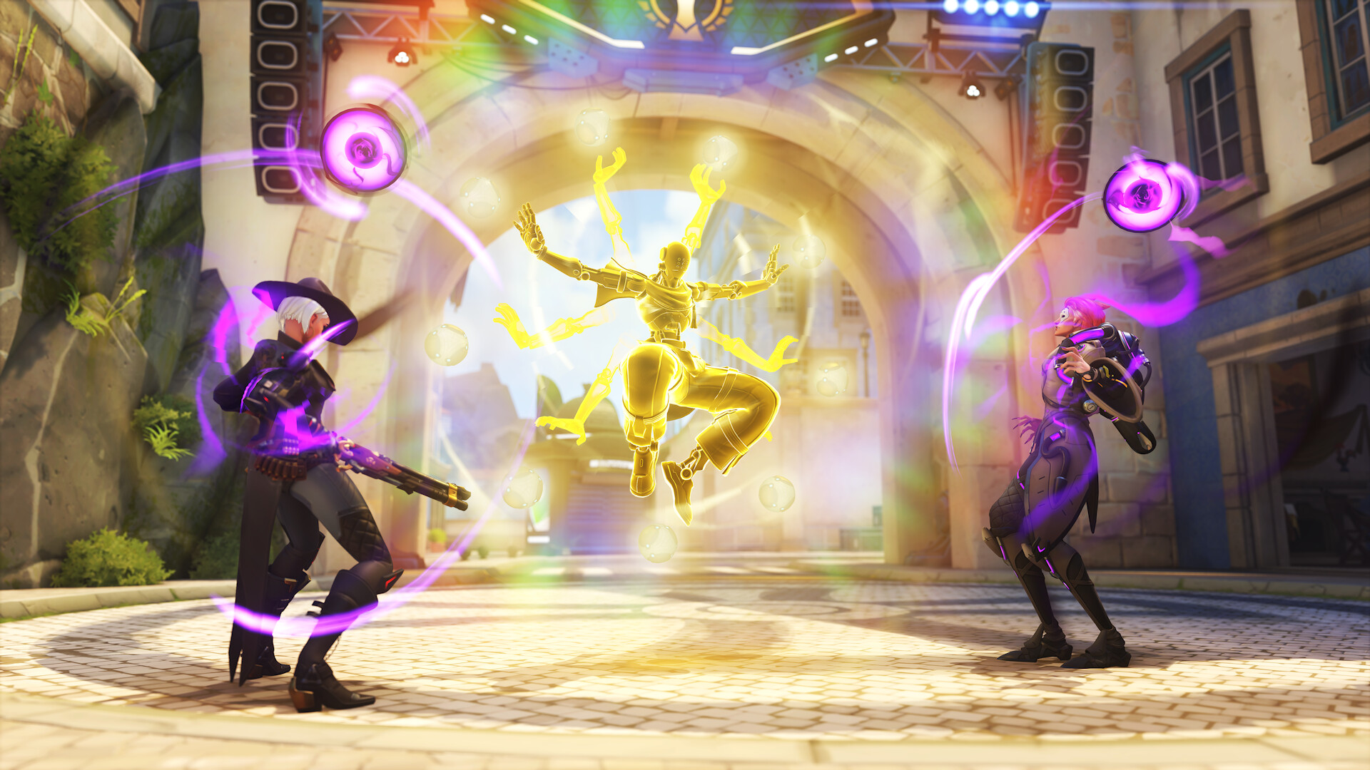 Screenshot ze Steama pokazujący dopracowaną scenę walki z oficjalnego zestawu mediów Overwatch 2.