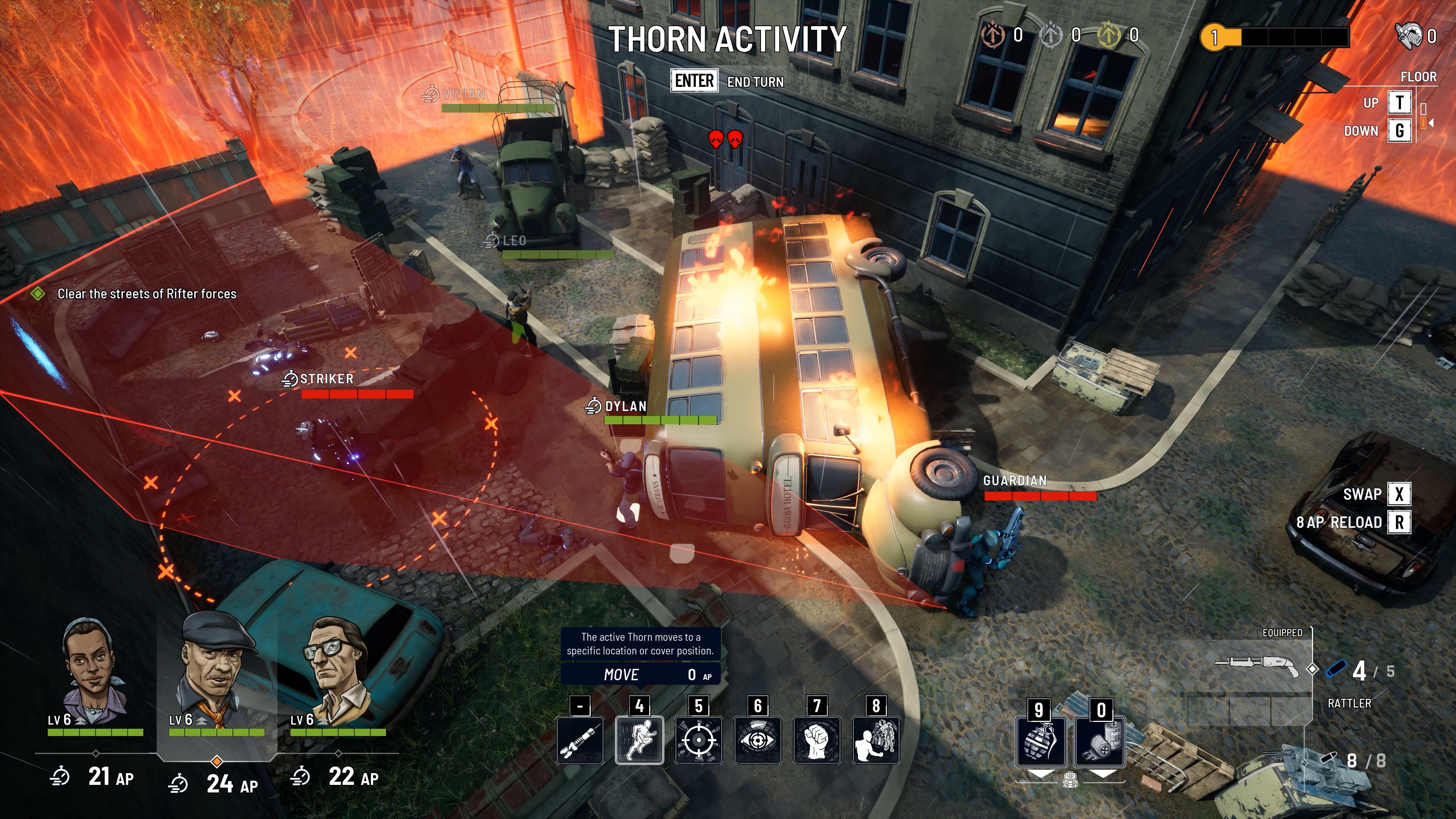 Three characters face enemies around an overturned burning bus, with red threat cones marking the street.